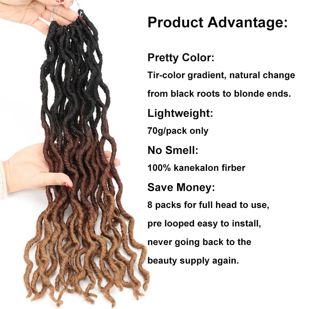 Eliza Wavy Gypsy Locs Ombre Crochet Hair 18" 8Packs/Lot Goddess Locs 100% Kanekalon Fiber Faux Locs African Roots Dreadlocs Synthetic Braiding Hair Extensions for Black Women(18",OM3T30/27)
