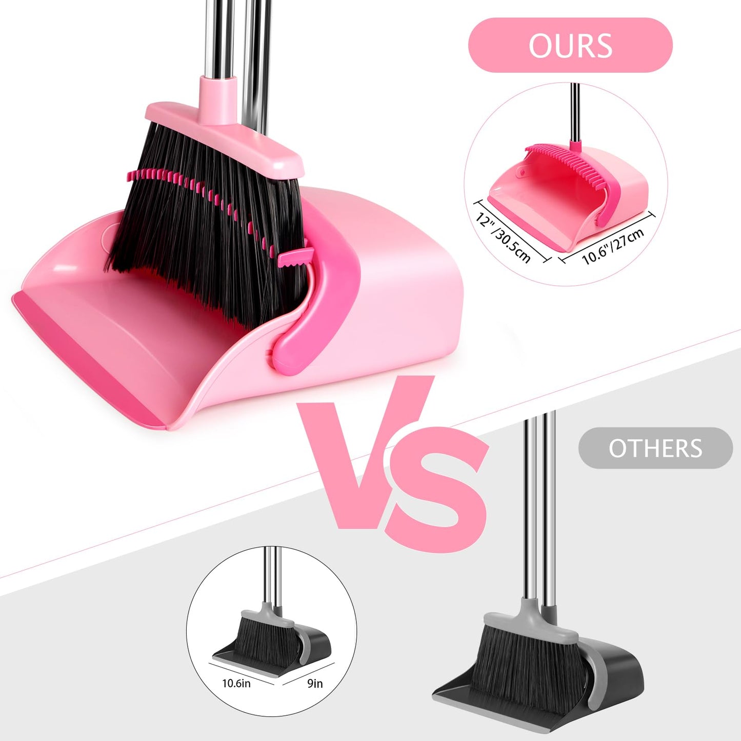 XXFLOWER Broom and Dustpan Set, Dustpans with Broom Combo with Long Handle Adjustable Length for Home, Kitchen,Office,Indoor(Pink)