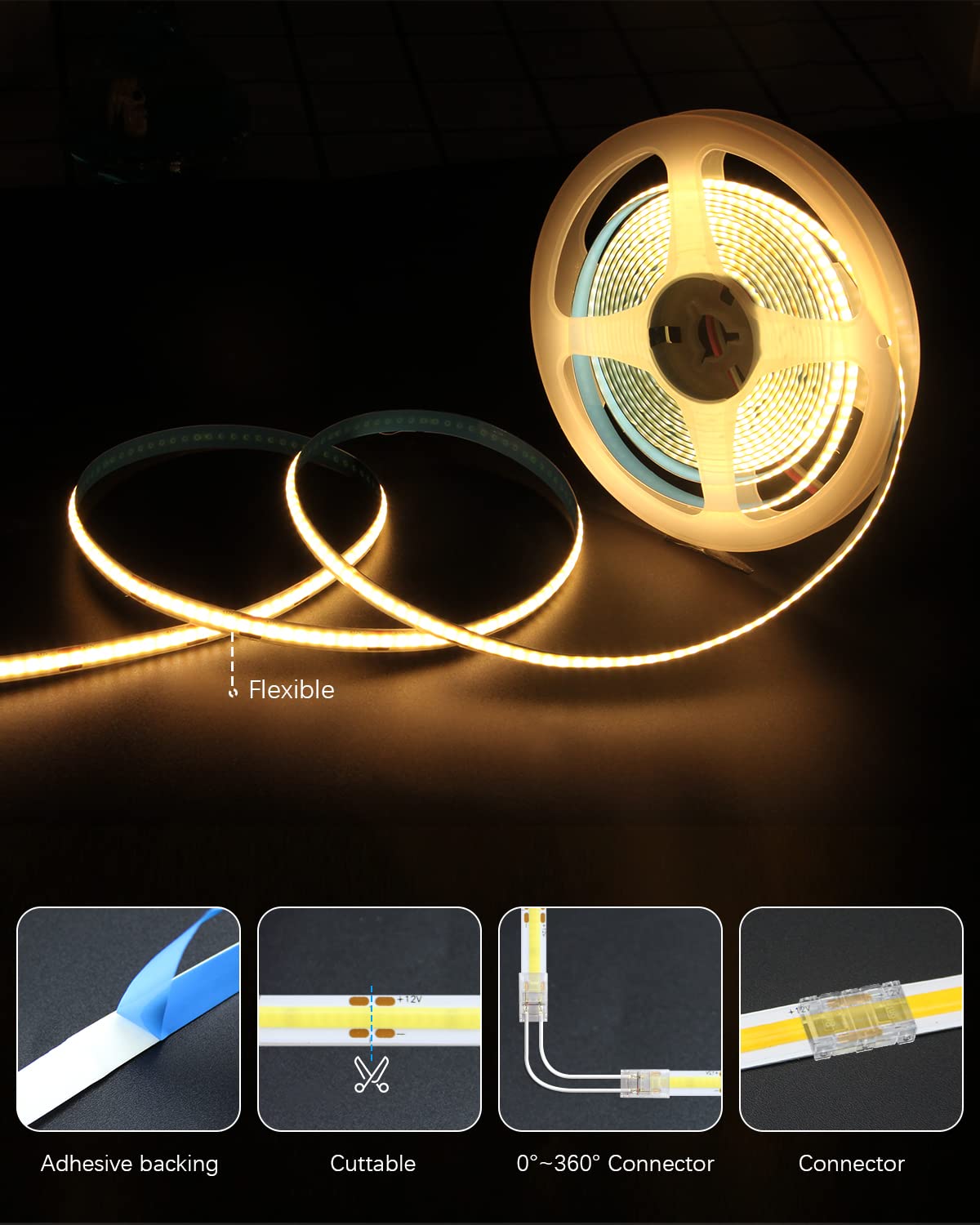 ALITOVE Dimmable COB LED Strip Lights Warm White 3000K 16.4ft 5m 12V CRI 90+ Flexible Under Cabinet Tape Light for TV Backlight Bedroom Kitchen with DIY Accessories Power Adapter Dimmer