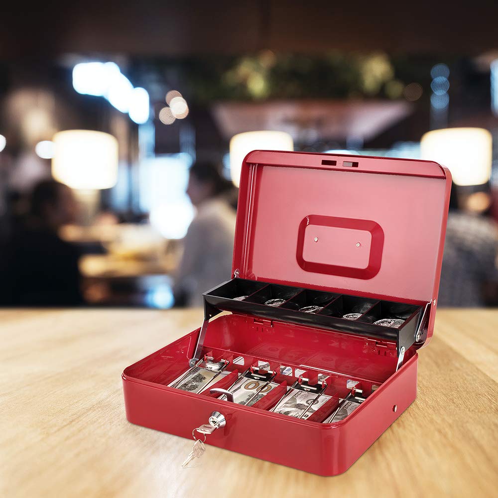 Cash Box with Lock and Money Tray Metal Money Box for Cash Large Lock Box for Money Tiered 11.8 x 9.4 x 3.54 Inches Red