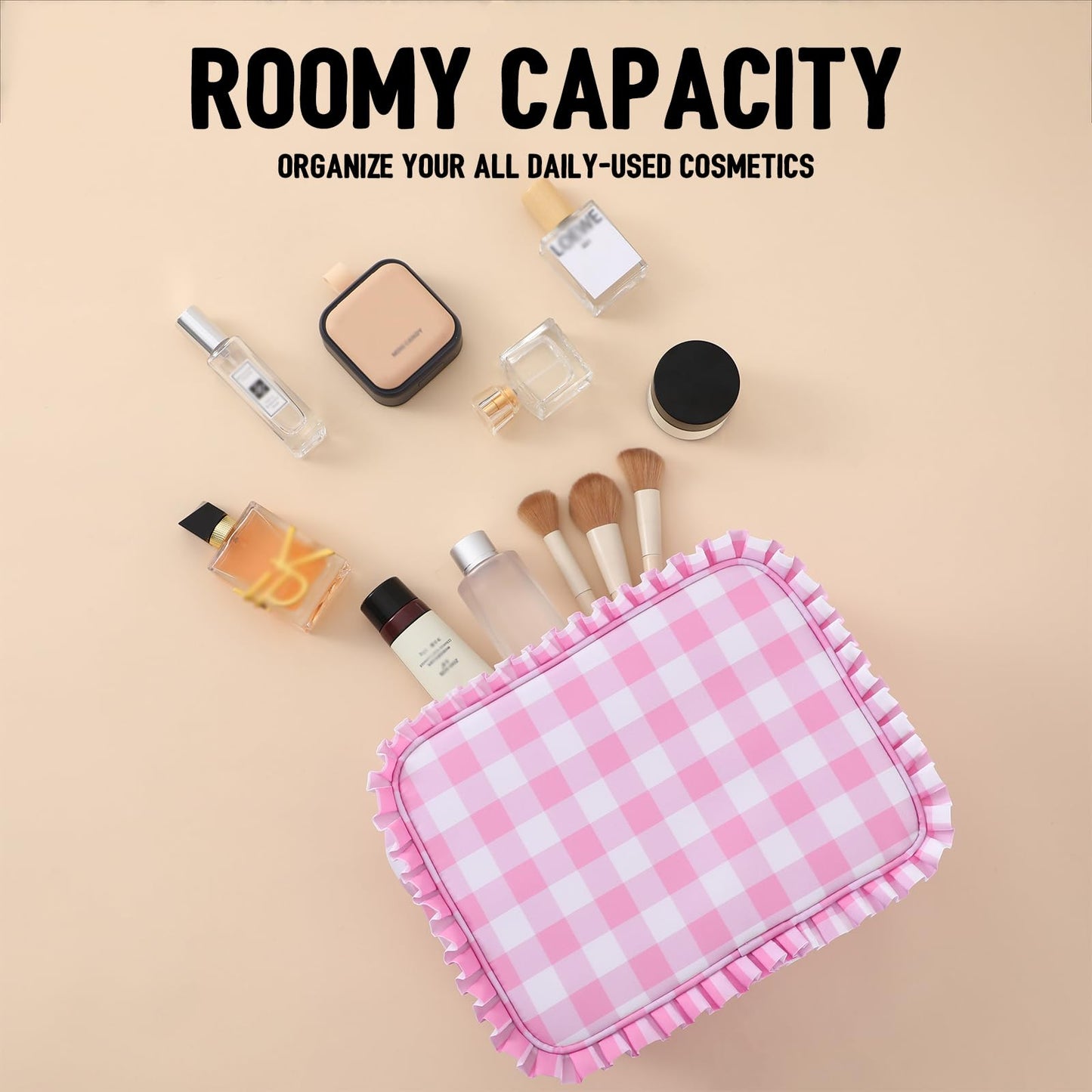 EMBRUNIOICE Gingham Ruffle Makeup Bag,Large Travel Cute Cosmetic Bag for Women Girls,Toiletry Bag Make up Organizer 11.8 x 4.7 x 9 inch (Pink Gingham)