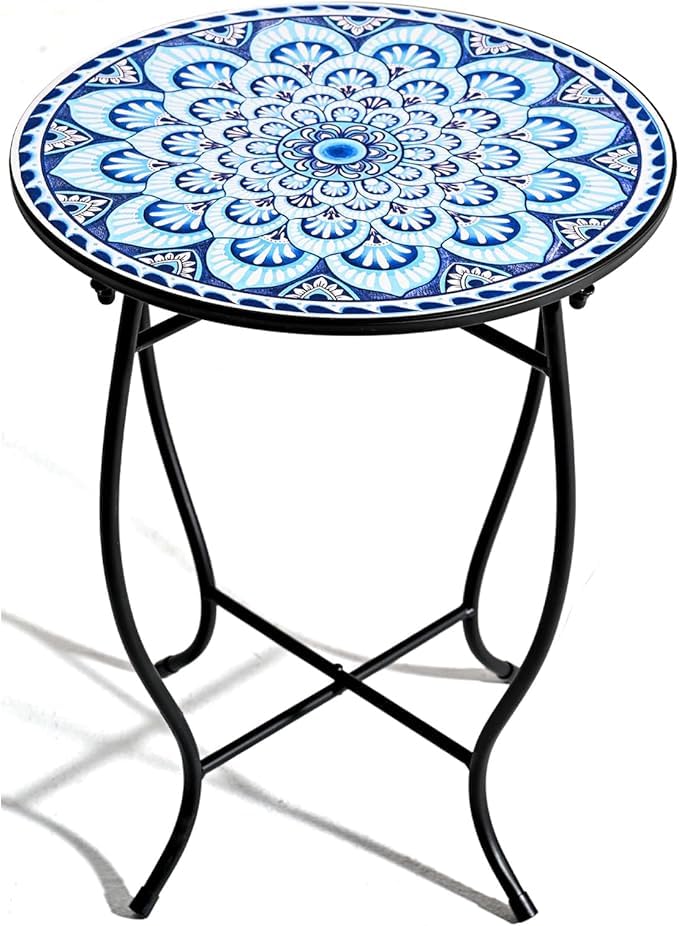 17" Tall Patio Side Table, 14 Inch Round Side Table, Weather Resistant Anti-Rust Metal Indoor Outdoor Side Table for Patio Yard Porch Balcony Garden Bedside, Blue