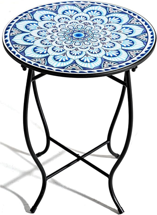 17" Tall Patio Side Table, 14 Inch Round Side Table, Weather Resistant Anti-Rust Metal Indoor Outdoor Side Table for Patio Yard Porch Balcony Garden Bedside, Blue