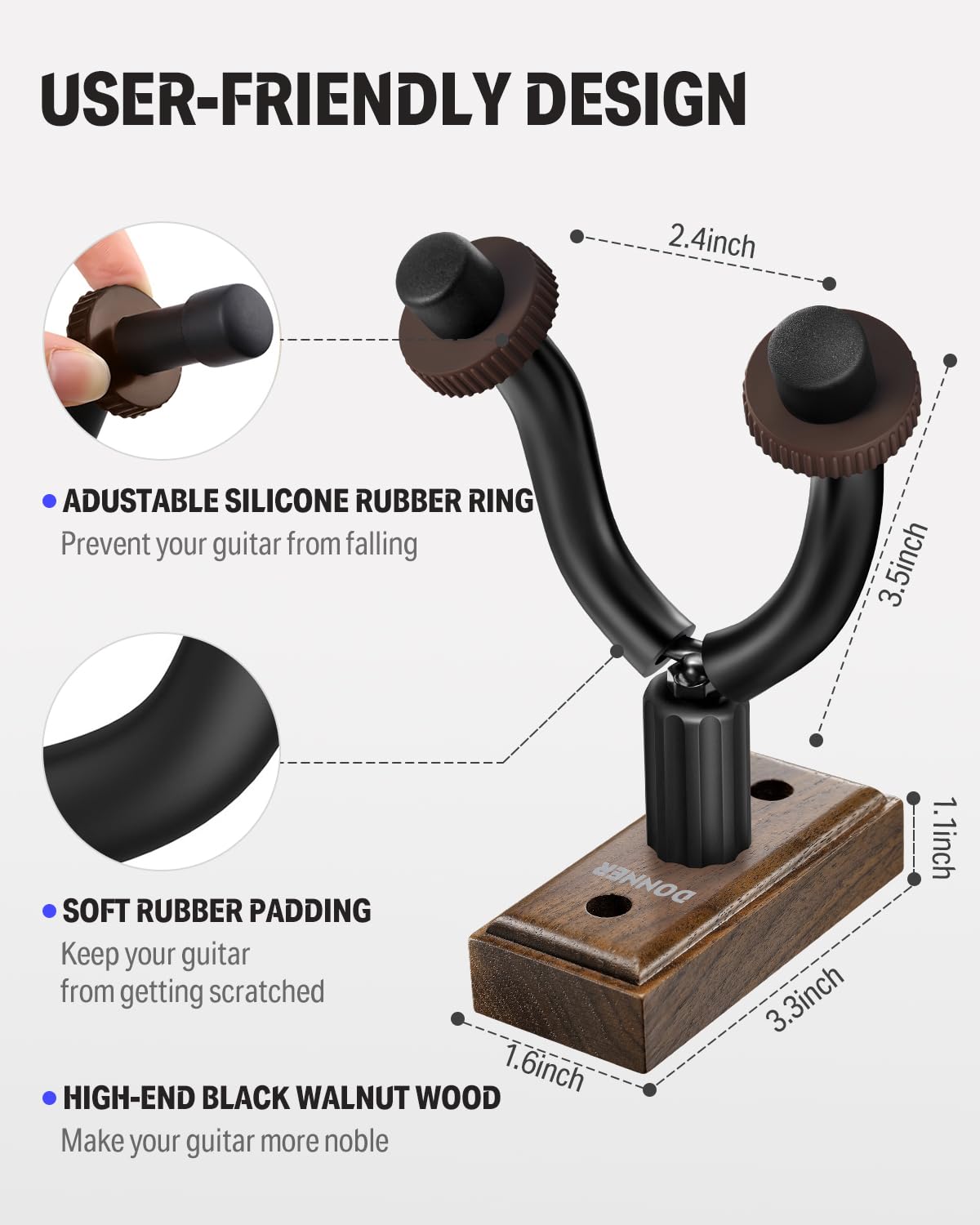 Donner Guitar Wall Mount Hanger 6-Pack, Black Walnut Guitar Wall Holder for Acoustic Electric Guitars, Bass, Ukulele, Violin, Mandolin, Banjo and String Instruments