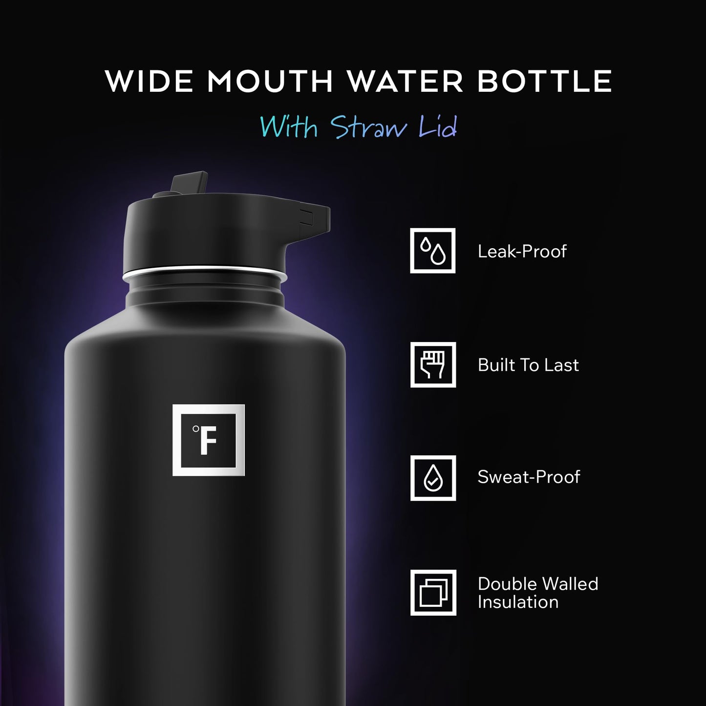 IRON °FLASK Insulated Water Bottle with Straw Lid - 64oz (Half Gallon / 2L) - Cold 24hrs & Hot 12hrs Drinks - Vacuum Leakproof Double Walled Stainless Steel - Travel Sports Gym Camping & Hiking Flask