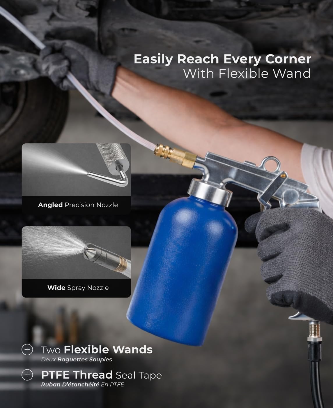 Caute Air Rust-Proofing Undercoating Spray Gun, 1100ml Cup, 58-87 PSI, with Two Flexible Wands and PTFE Thread Seal Tape
