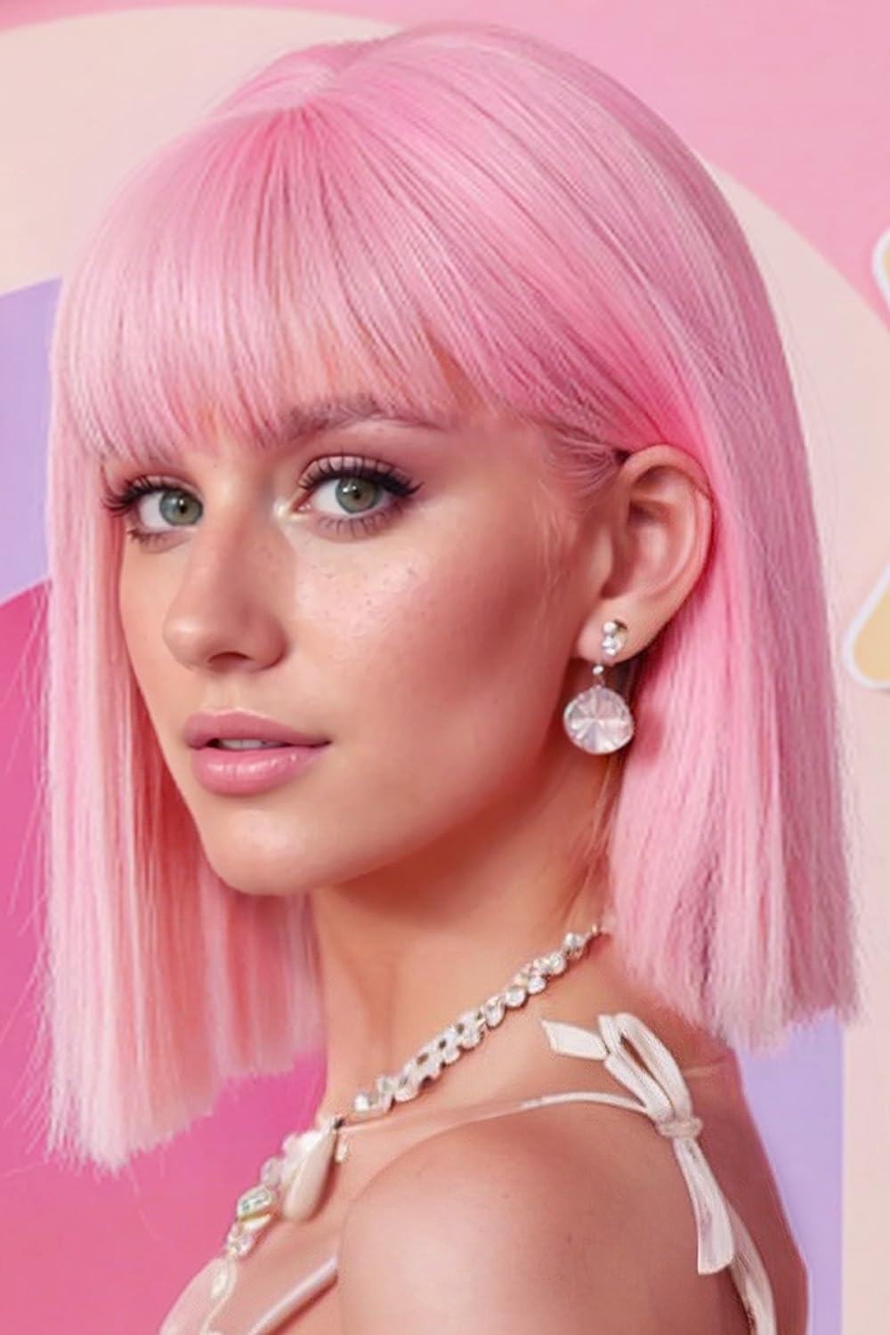 SUKRI Bob Pink Wig with Short Bangs Pink Bob Wig for Women Straight Bob Bangs 12 Inch Heat Resistant Natural Synthetic Hair Daily Use