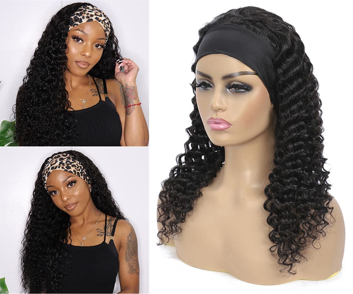 WENYAN Deep Wave Headband Wig Human Hair Wigs for Women Human Hair 16Inch None Lace Front Wigs Perruque Femme Humain Naturel Glueless Real Hair Curly Wave Wig 150% Density