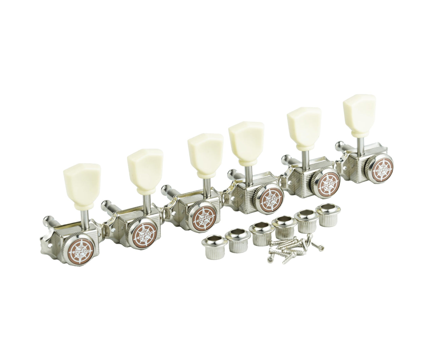 Guyker 3x3 Vintage Style Locking Guitar Machine Heads – 1:15 Ratio Lock String Nickel Deluxe Tuning Key Pegs Tuners Set Replacement for Electric, Acoustic or Folk Guitars - GK44sp, White Button