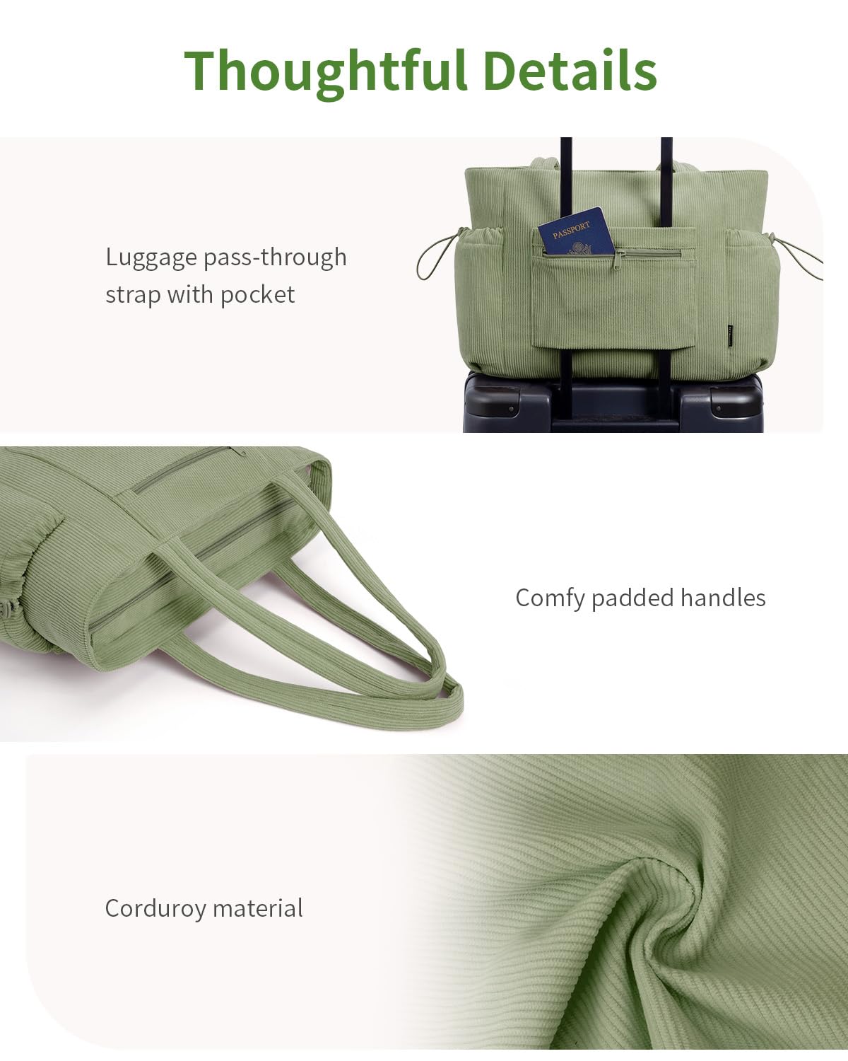 ECOHUB Tote Bag for Women, Work Tote Bags with Laptop Compartment, Large Corduroy Tote Bag with Stanley Cup Holder, Shoulder Bag Handbag for Travel Weekend Gym Green