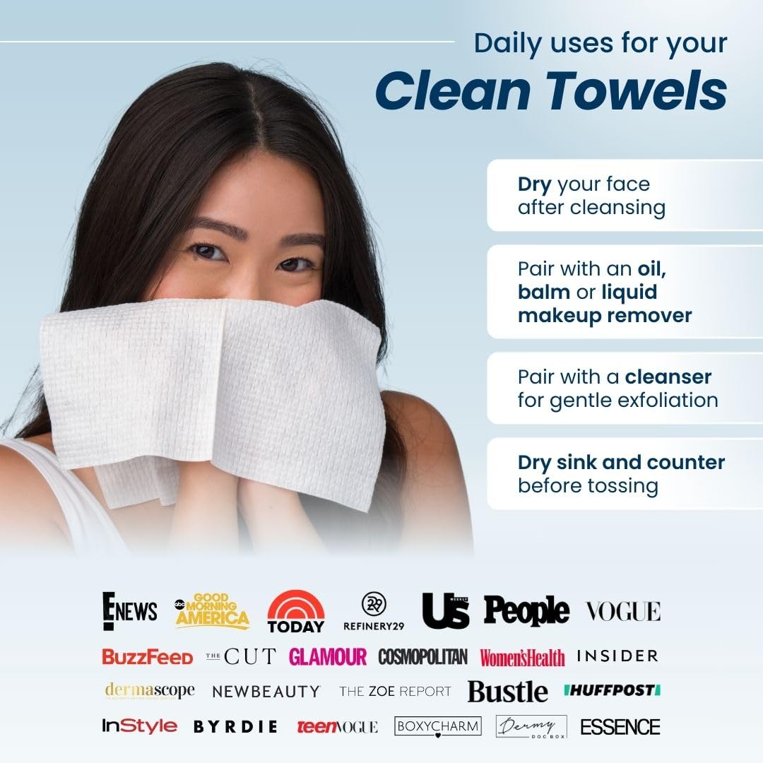 Clean Skin Club Clean Towels, 100% USDA Biobased Dermatologist Approved Face Towel, Disposable Clinically Tested Face Towelette, Facial Washcloth, Makeup Remover Dry Wipes, Ultra Soft (4 Pack)