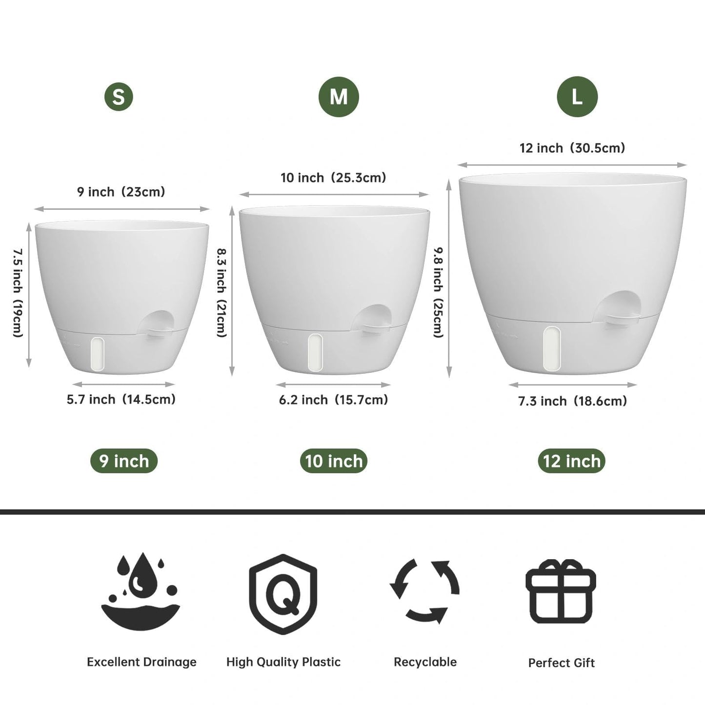 ZMTECH 9/10/12 Inch Self Watering Plant Pots with Watering Lip, Planters with Drainage Holes and Removable Saucer, Plastic Flower Pots for Indoor Outdoor Plants (3 Pack,Pure White)