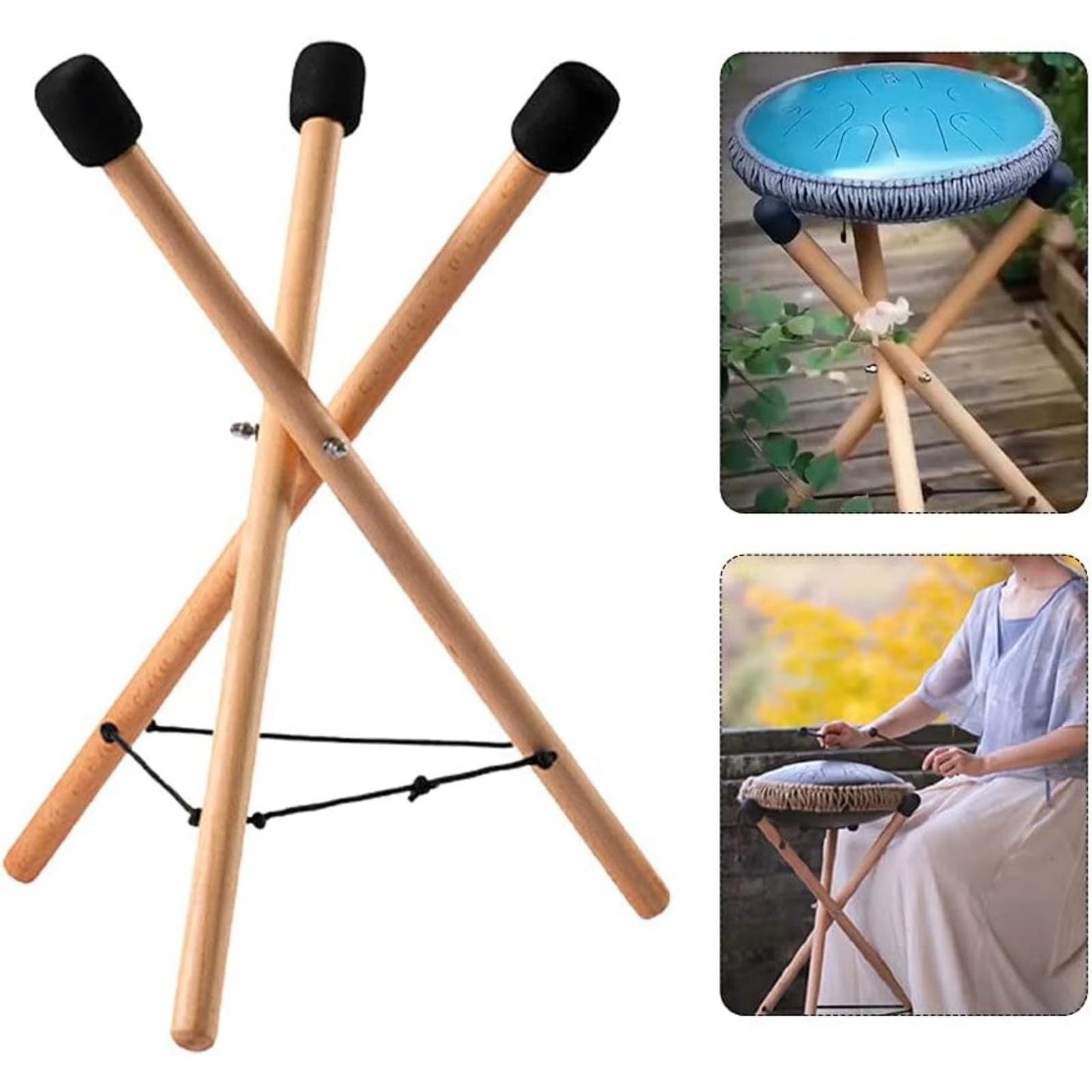 YOOODONNN Handpan Drum Stand, Tongue Drum Bracket, Solid Wood Adjustable Tripod Structure Holder, Extendable Snare Bracket for 12 to 22 Inch Percussion Instruments