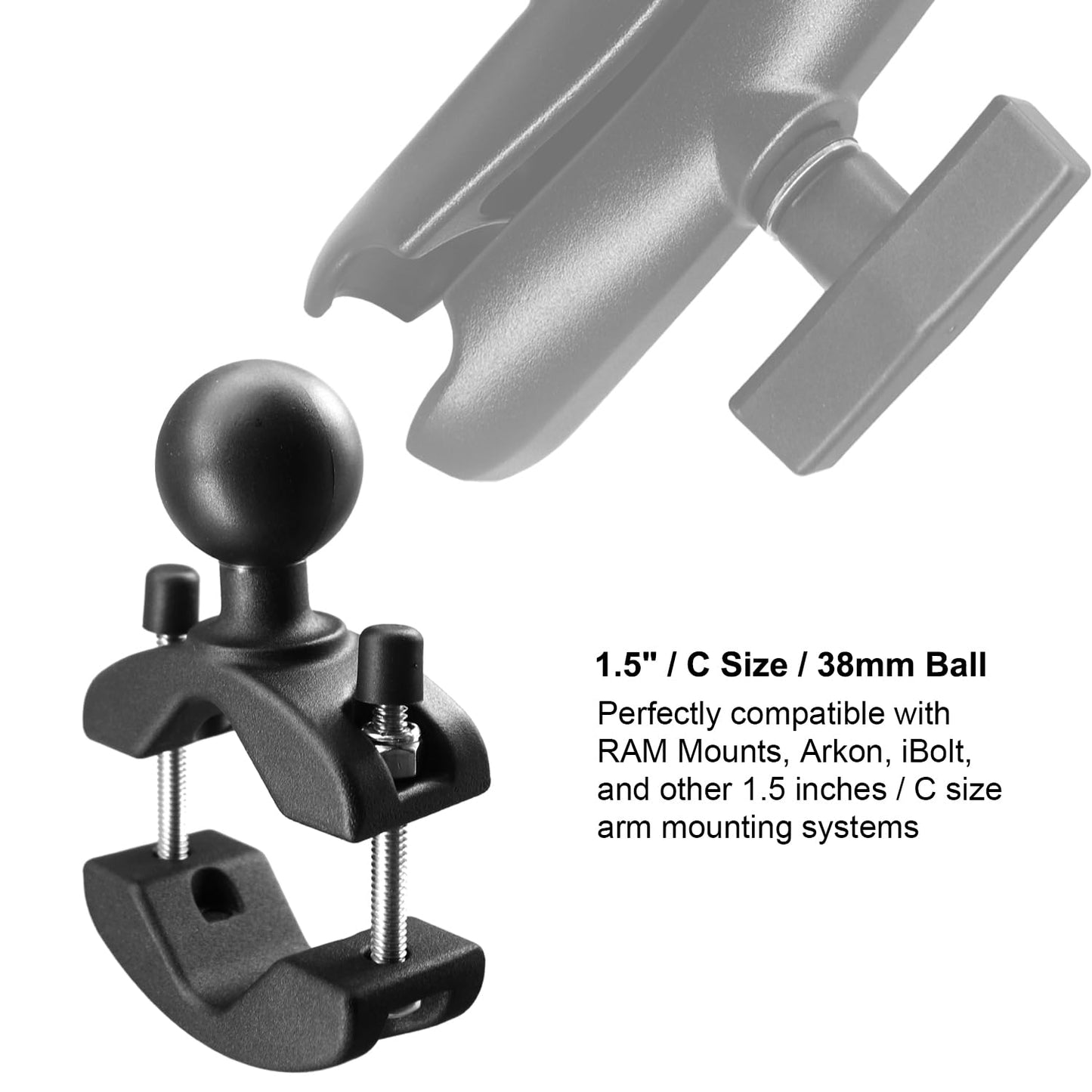 WINDFRD Aluminum Grab Bar Clamp Mount Base with 1.5'' Ball for Rails 1.18'' to 2'' in Diameter, Compatible with RAM Mounts C Size 1.5 Inch Ball Double Socket Arm