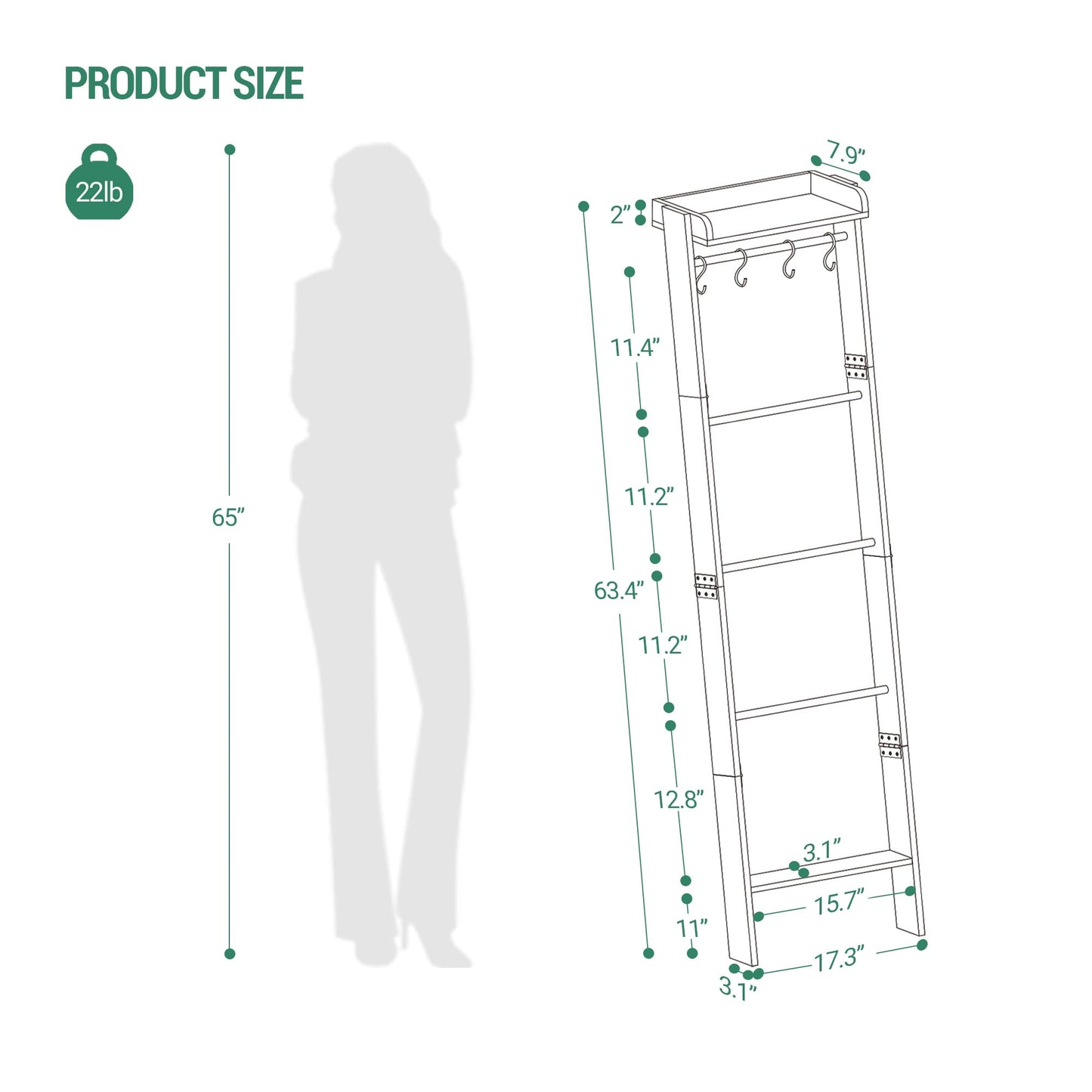Hzuaneri Blanket Ladder Shelf for Living Room, Decorative Quilt Rack with Storage Shelf, 6-Tier Farmhouse Towel Rack, Ladder Holder Organizer with 4 Removable Hooks for Bedroom, Rustic Brown BR35801B