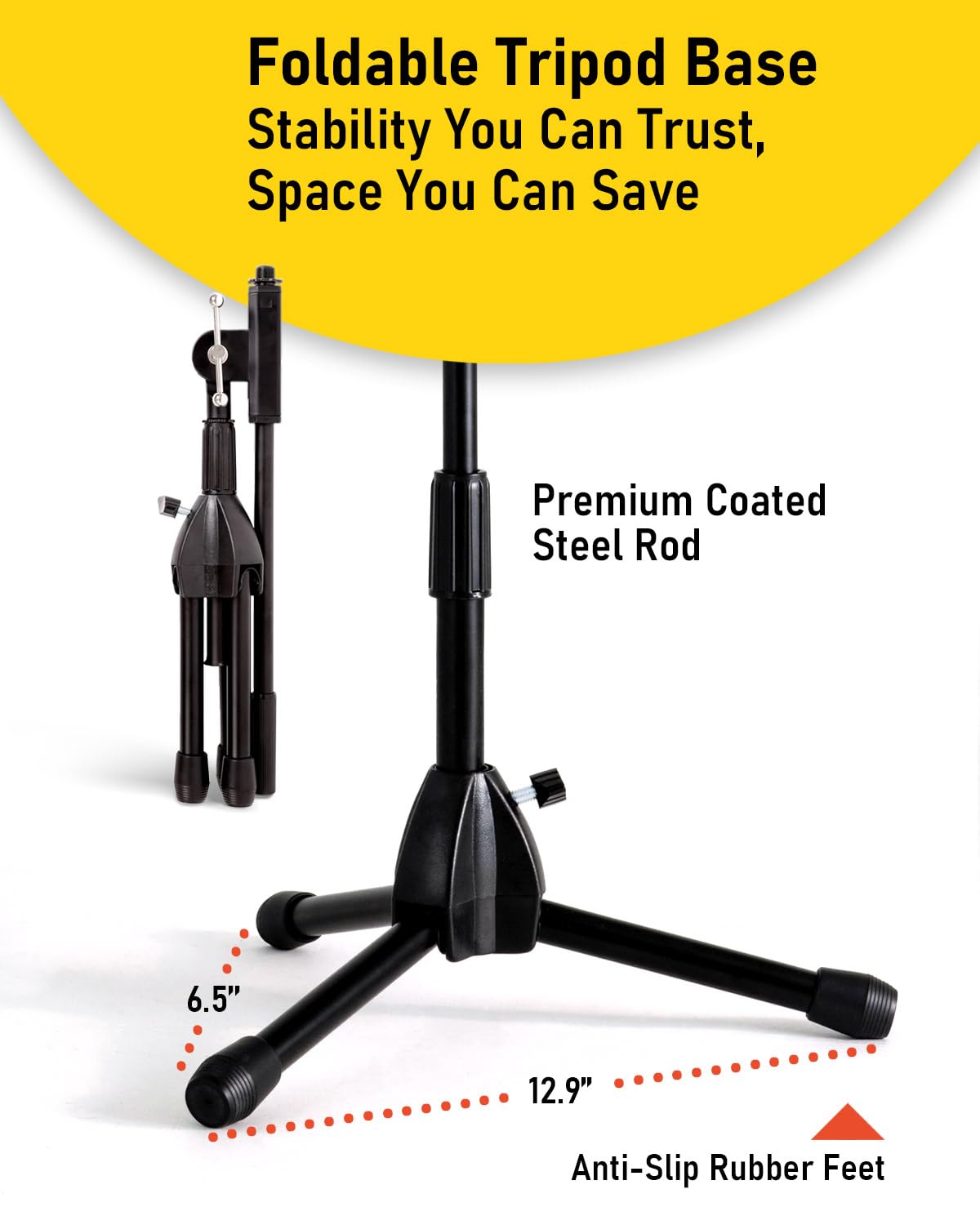 Stage Rocker Foldable Tripod Low-Profile Mic Boom Stand - Height Extending from 9.6'' to 16.9'', w/Adjustable Telescoping Arm Up to 9'', Lightweight/Convenient, Black, Powered by Hamilton(SR610121B)