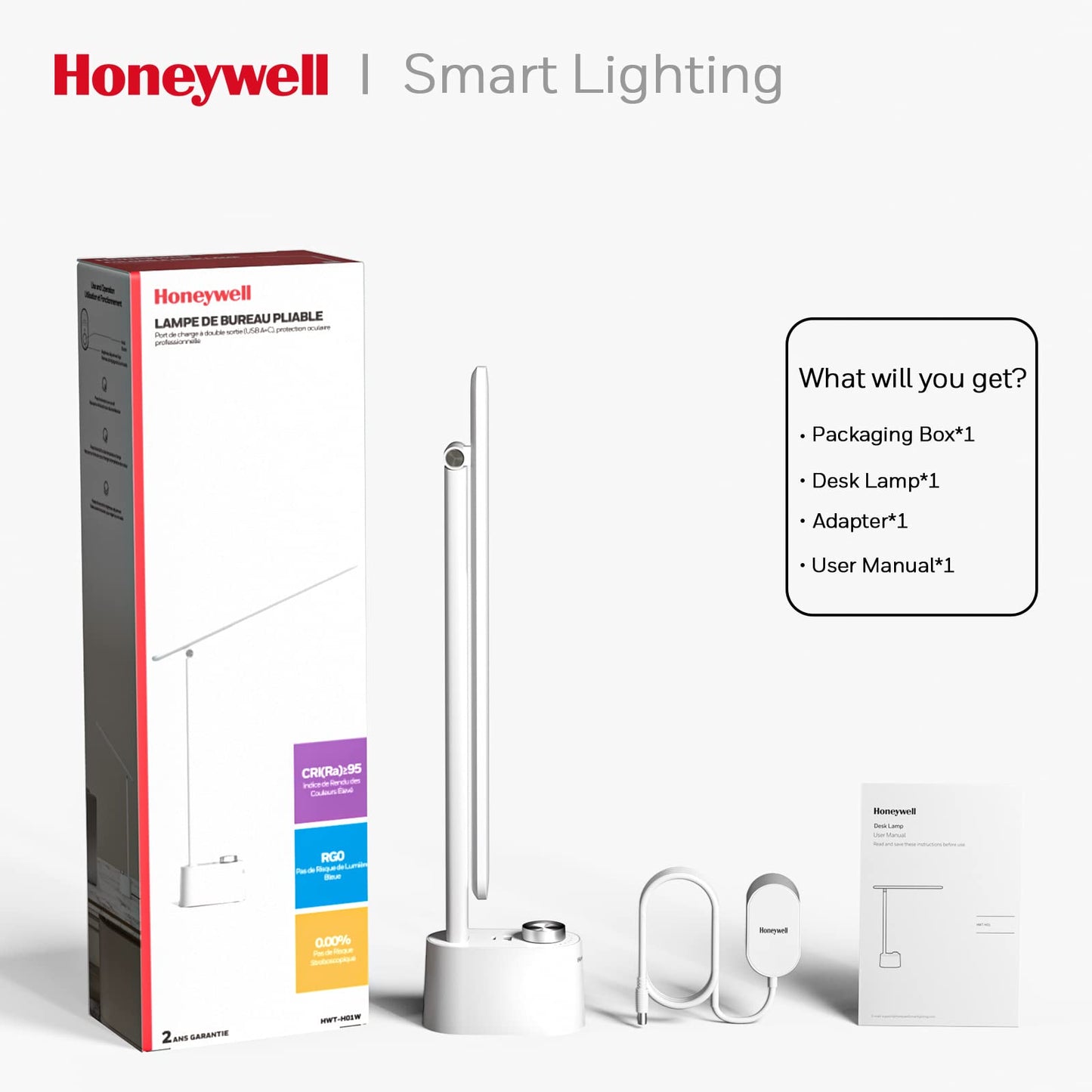 Honeywell Sunturalux™ HWT-H01 LED Desk Lamp with USB Charging Ports, Eye Caring Stepless Dimming Table Lamp for Home Office College Dorm Bedroom, Small Desk Light Reading Lamp Lampe de Bureau White