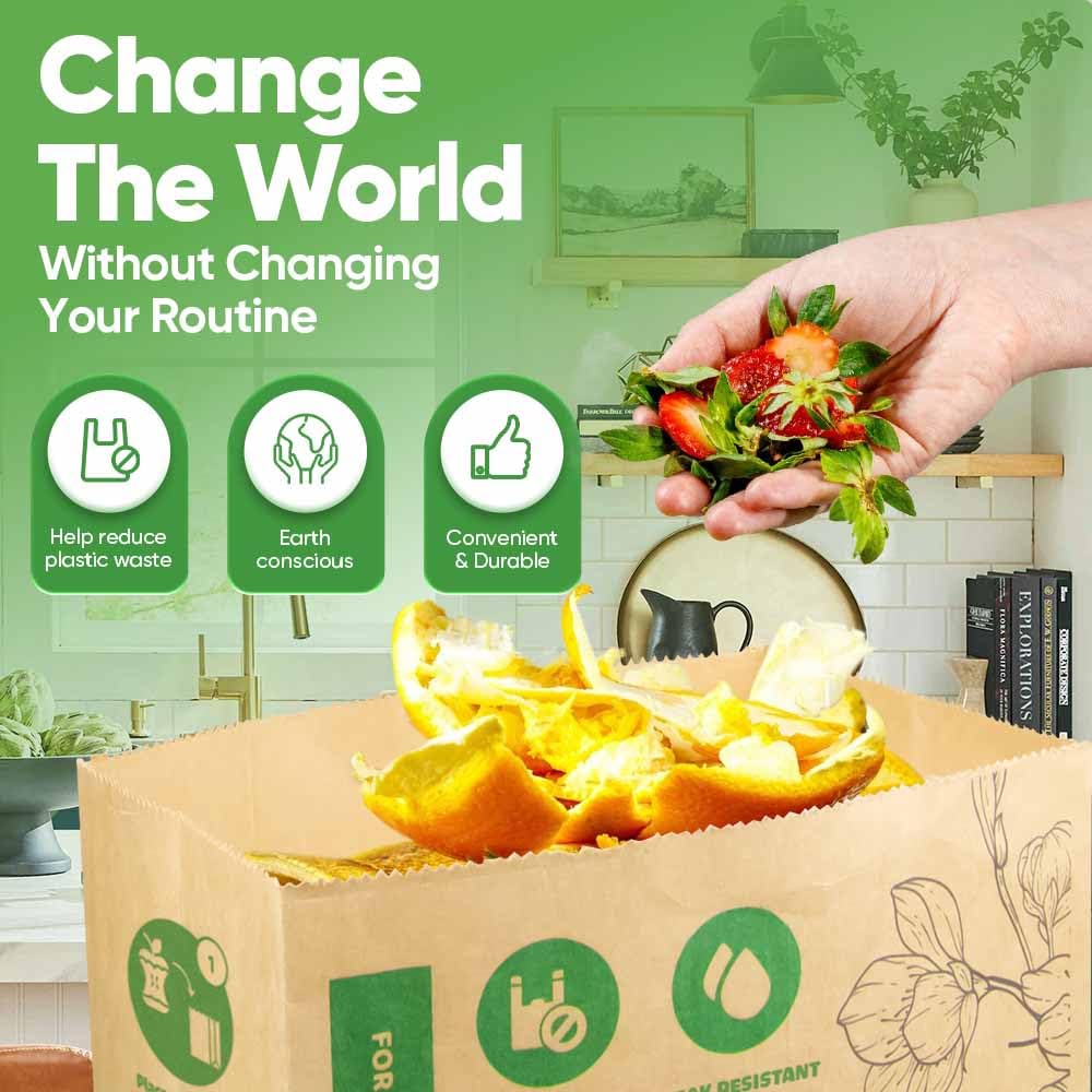 Kitchen Food Waste Bags – 40 bags – 100% Compostable Paper – Leak-resistant liner – Completely Plastic-free & Environmentally Friendly – Certified by BNQ & BPI - 40 Brown Paper Compostable Bags (40)