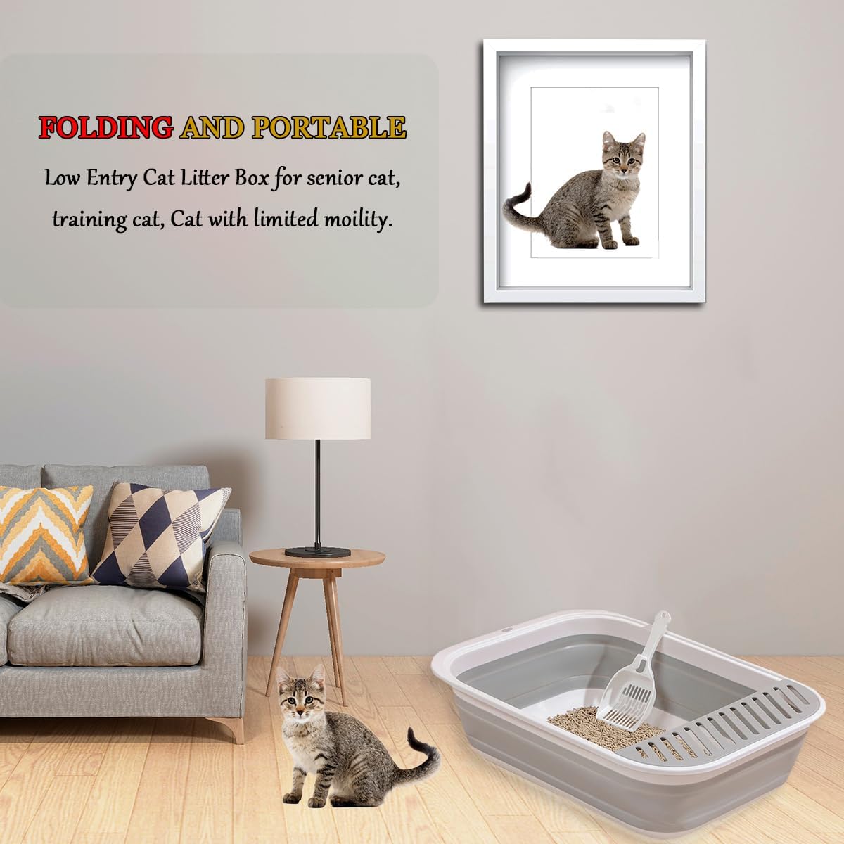 PMFRUG Open Cat Litter Box,Large Kitten Potty Pan Semi-Enclosed Foldable Travel Odorless Cat Toilet Low Entrance Standard Litterbox for Indoor Small Pet Kitty Rabbit Supplies Easy to Clean (Grey)