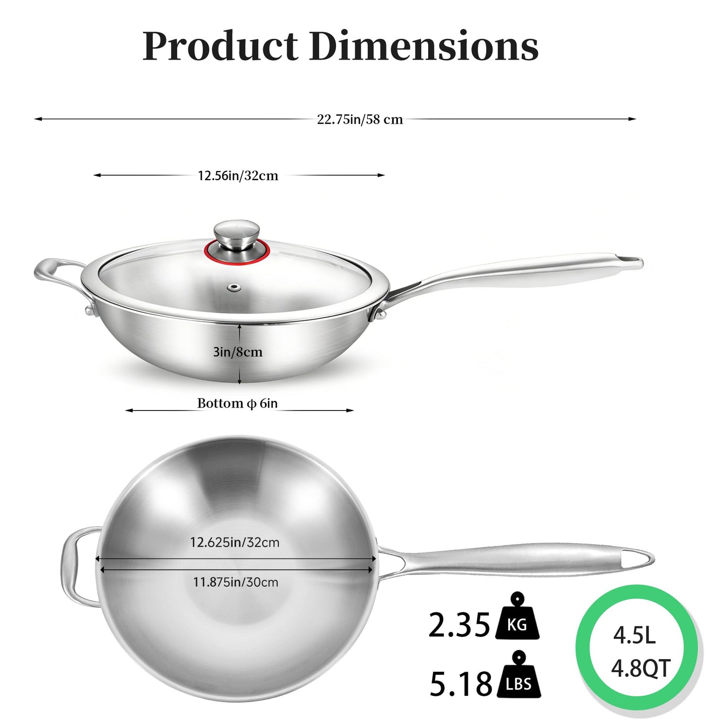 LOLYKITCH 12 Inch Tri-Ply Stainless Steel Wok Pan with Lid, Stir-Frying Pan,Induction Cooking Pan,Dishwasher and Oven Safe,Heavy Duty and Detachable Handle
