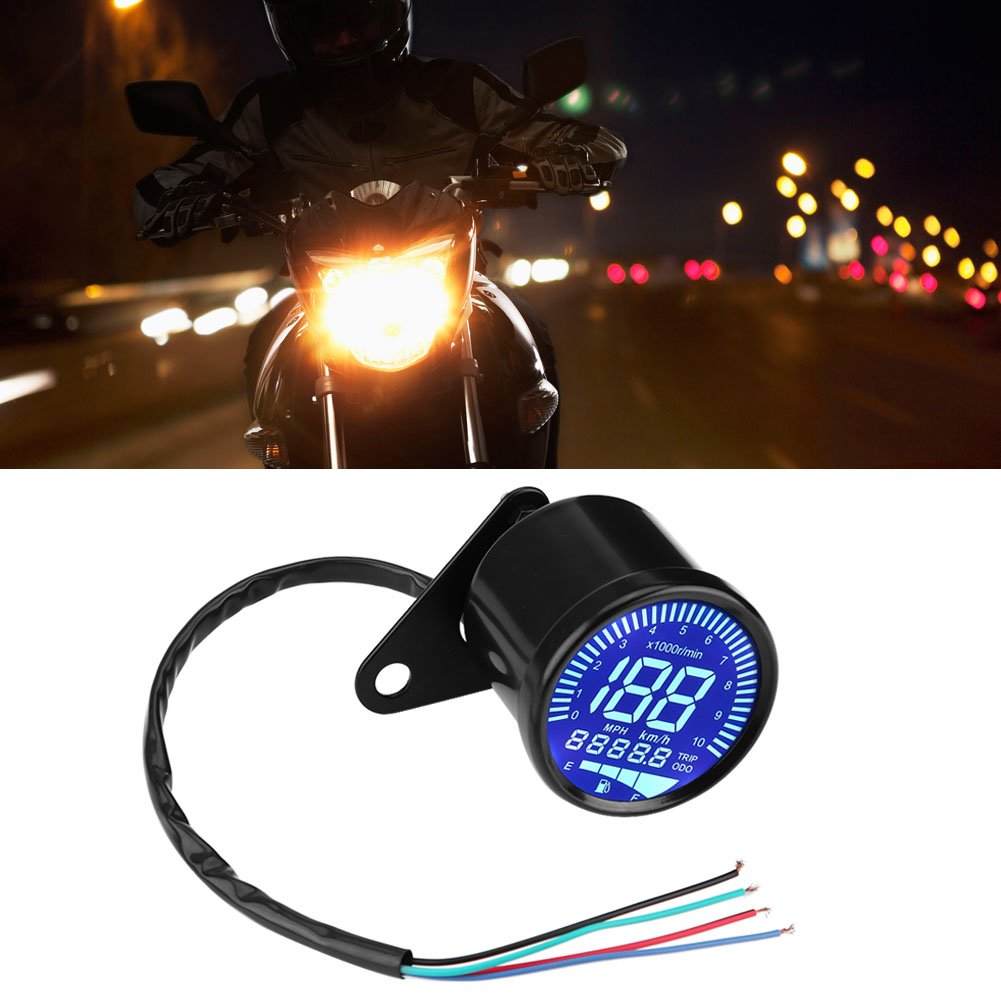 Universal Motorcycle Digital Speedometer Gauge, 12V DC with LED Backlight Tachometer Oil Level and Voltmeter Display, Black Housing