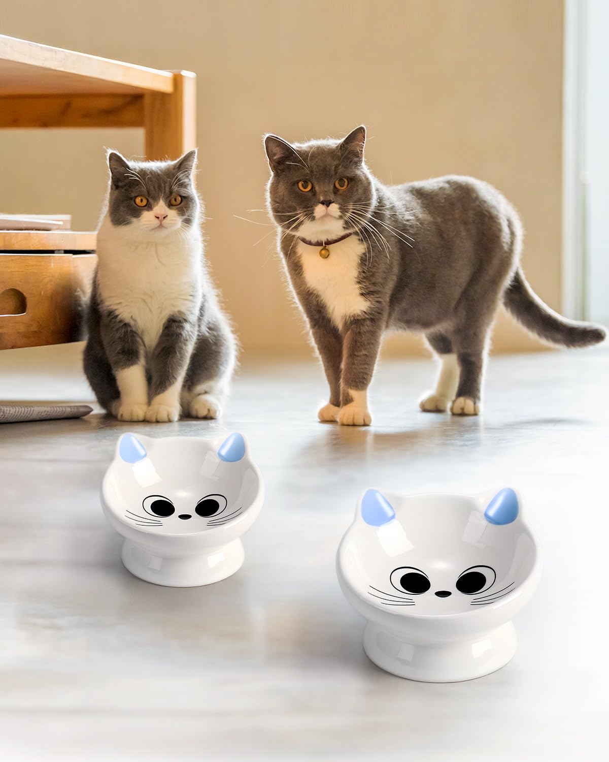2Pcs Raised Cat Food Bowl Ceramic 15° Tilted Food Bowls Protect Cat's Spine Anti Vomiting Backflow Prevention Cat Bowls for Adult Kitten, and Small Dogs, Blue