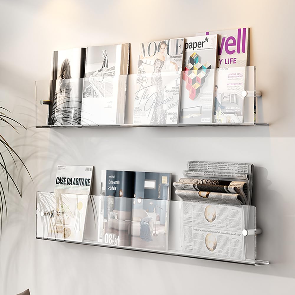 DuvinDD 2 Pack Acrylic Magazine File Holder Wall, 60cm Long Wall Bookshelf Brochure Holder, Clear Nursery Book Shelves for Kids, Floating Magazine Rack for Home Office