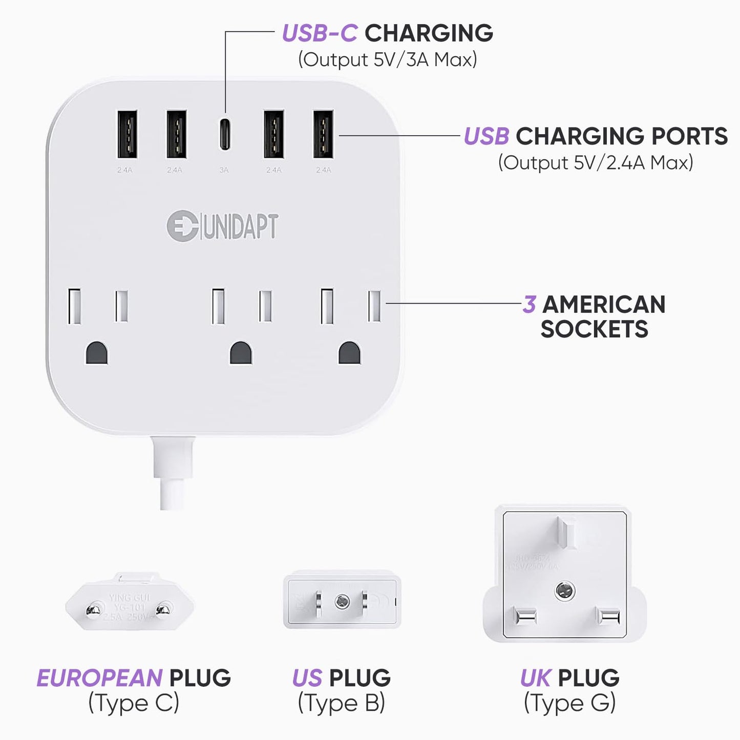 Unidapt European Plug Adapter, Unidapt US to UK Europe Power Strip for EU/UK/US with USB C and 4 USB Ports, 3 AC Outlets, Wall Mountable, 5ft Cord, for Travel Cruise Ship Home (WSS-603)