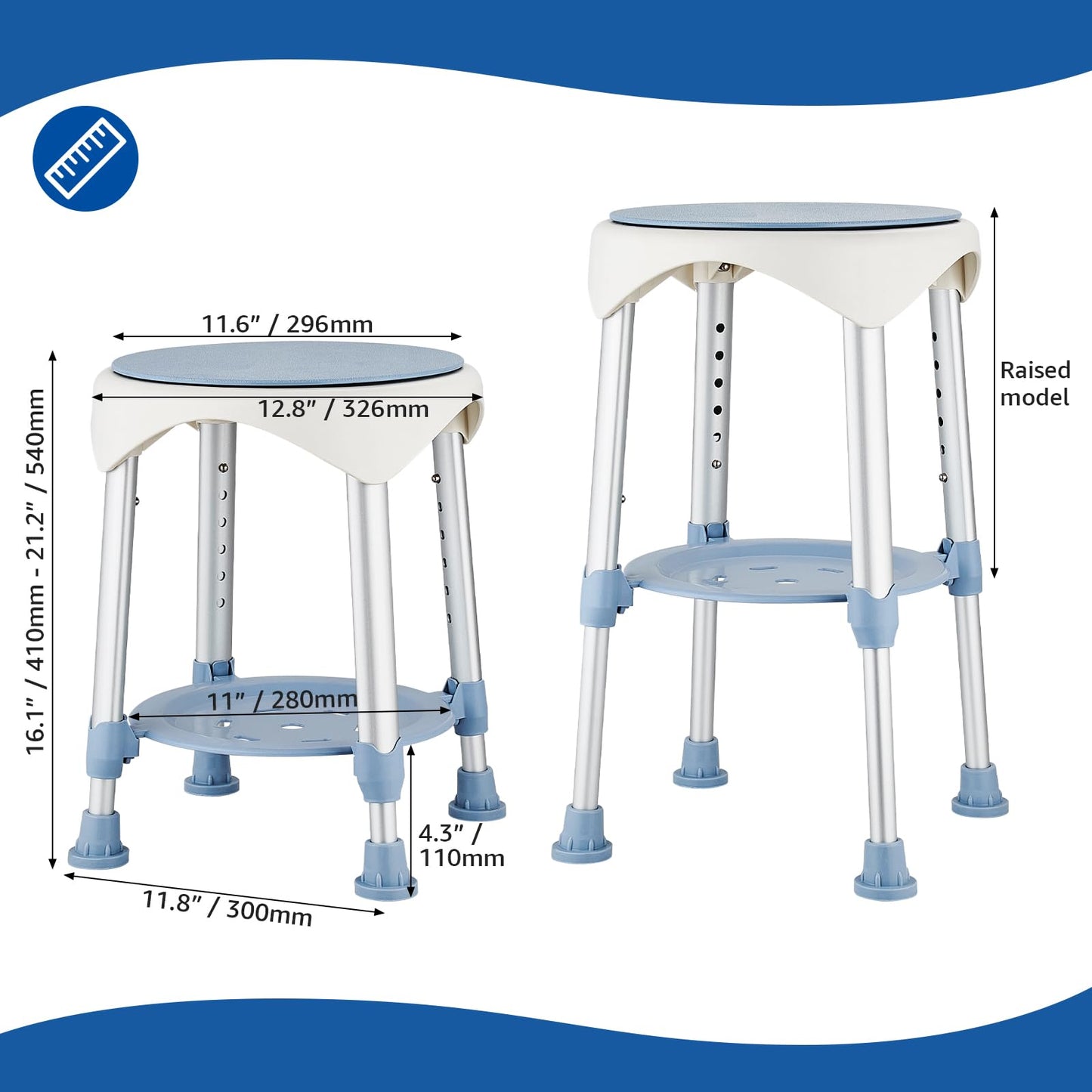 KSITEX Shower Chair Stool for Inside Shower, Small Corner Plastic Stool for Shower 300 Lb,360° Swivel Bath Shower Seat for Seniors Adults Sitting, Adjustable Bathtub Stool with Storage Tray