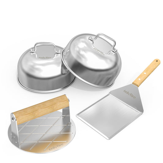 only fire Griddle Accessories Kit,Cheese Melting Dome & Burger Press Kit,6 Inch Basting Cover with Burger Smasher & Grill Spatula for Outdoor Griddle BBQ, Flat Top Teppanyaki Grilling & Steaming