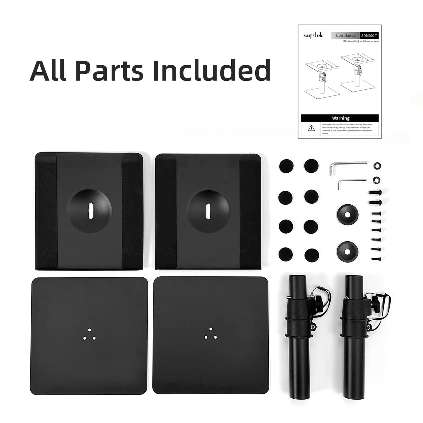 Suptek Free-Standing Speaker Stand Desktop Set, 9.6 x 8.8 inch Trays, Height Adjustment and Tilt, Universal Audio Holders for Computer and Bookshelf Speakers, Elevated Sound, 2 Pack, Black, SDM001T