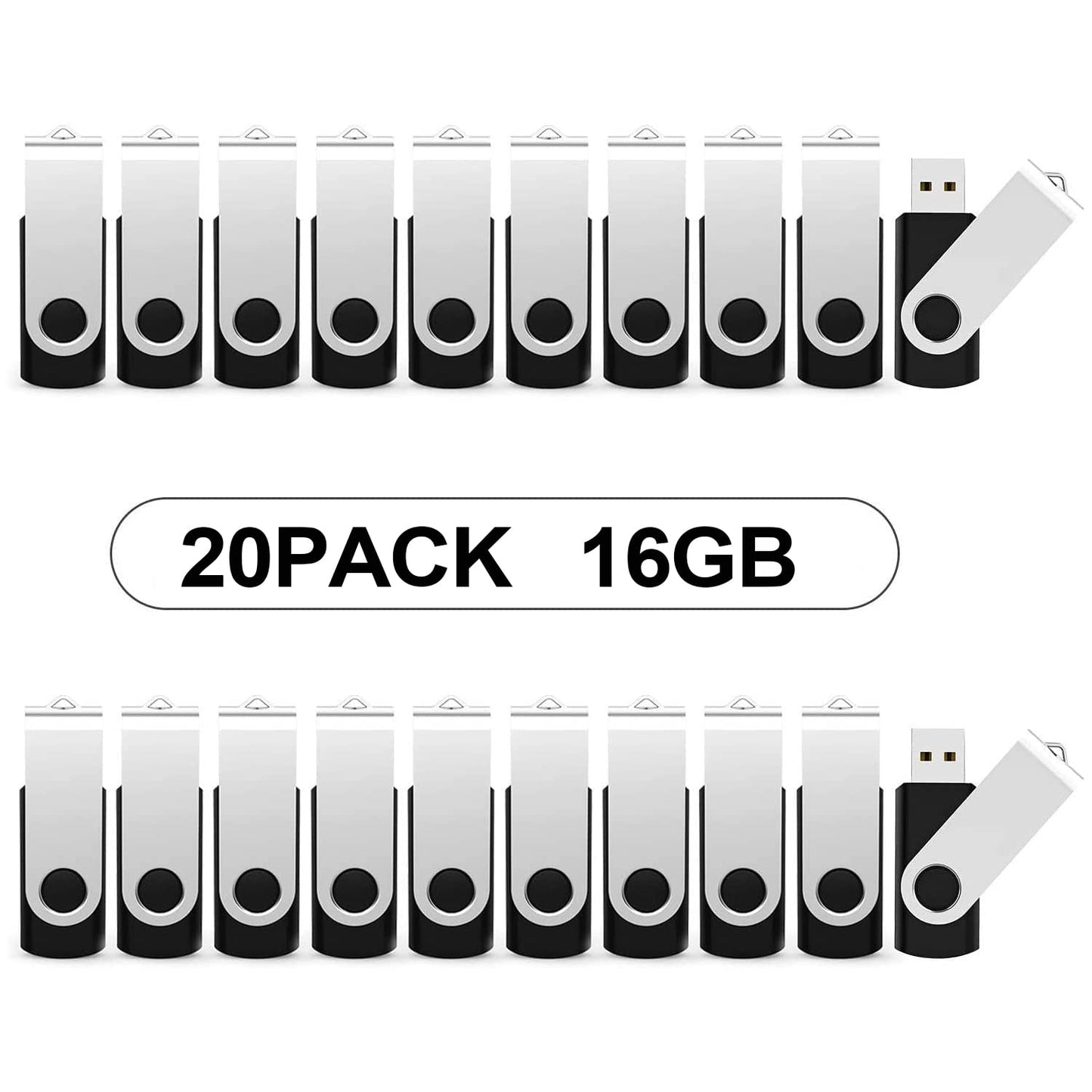 Flash Drive 16 GB 20 Pack, KOOTION Premium USB2.0 Classic Swivel USB 16 GB Flash Drive Pen Drive Memory Stick Thumb Drive Bulk USB Stick Pack 20Pcs Computer Data Storage Black