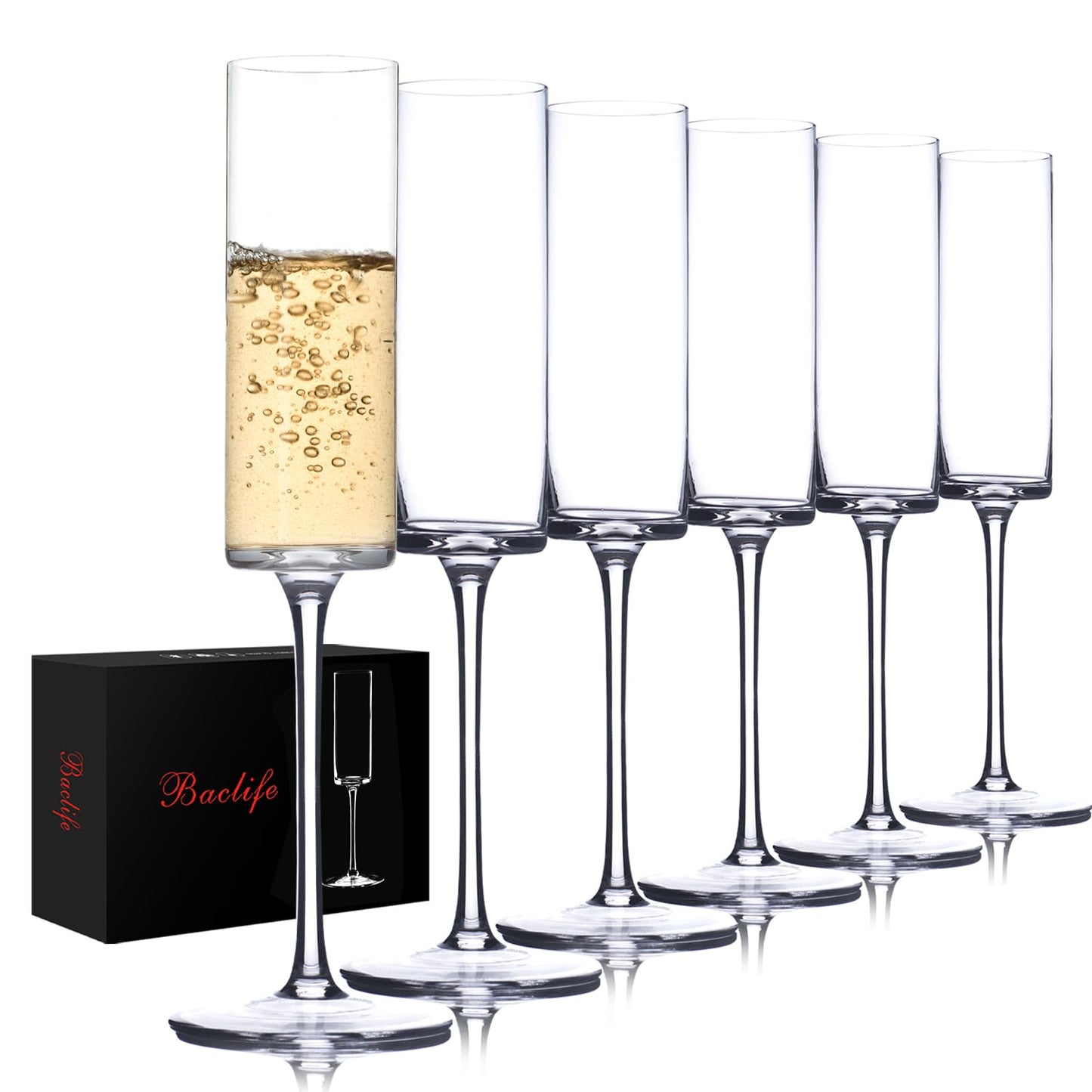 BACLIFE Crystal Champagne Flutes Set of 6 - Hand Blown Champagne Glasses with Long Stem - Elegant Sparkling Wine Stemware - Unique Gift for Birthday,Wedding, Mother’s Day - 6.5 oz, Clear