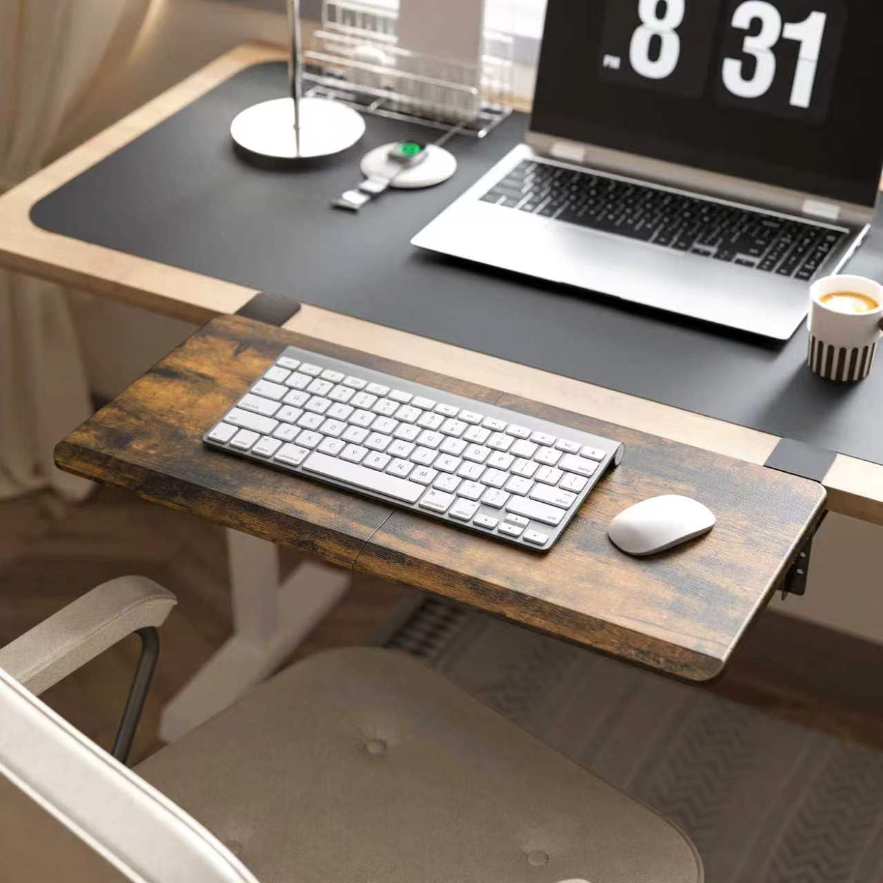 Ergonomics Desk Extender Tray, 25.6"x11.4" Large Size Foldable Keyboard Tray Platform Clamp On, Armrest Support for Home and Office, Walnut