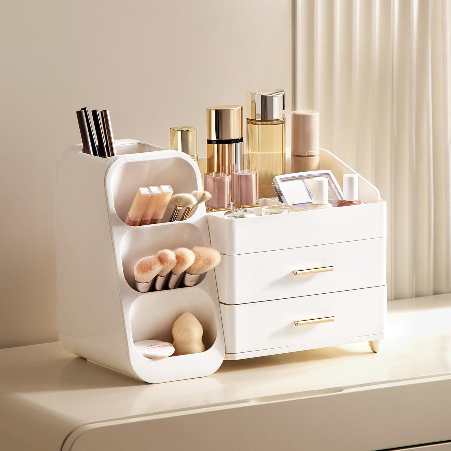 HBlife Makeup Organizer with Brush Holder for Vanity, Large Plastic Bathroom Countertop Organizer Skin Care Storage, Easy to Store Lipsticks, Nail Polishes, Perfumes, Eyeshadow Palettes, All White
