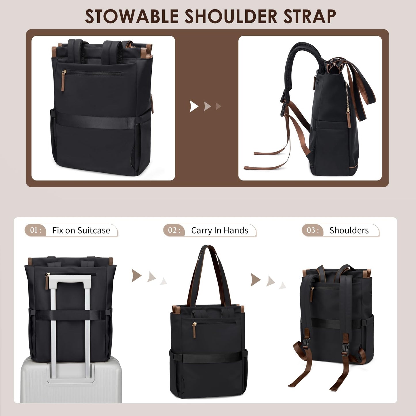 Convertible Laptop Backpack for Women Casual Daypack Notebook Tote Bag for Work College Travel Leisure (Black)