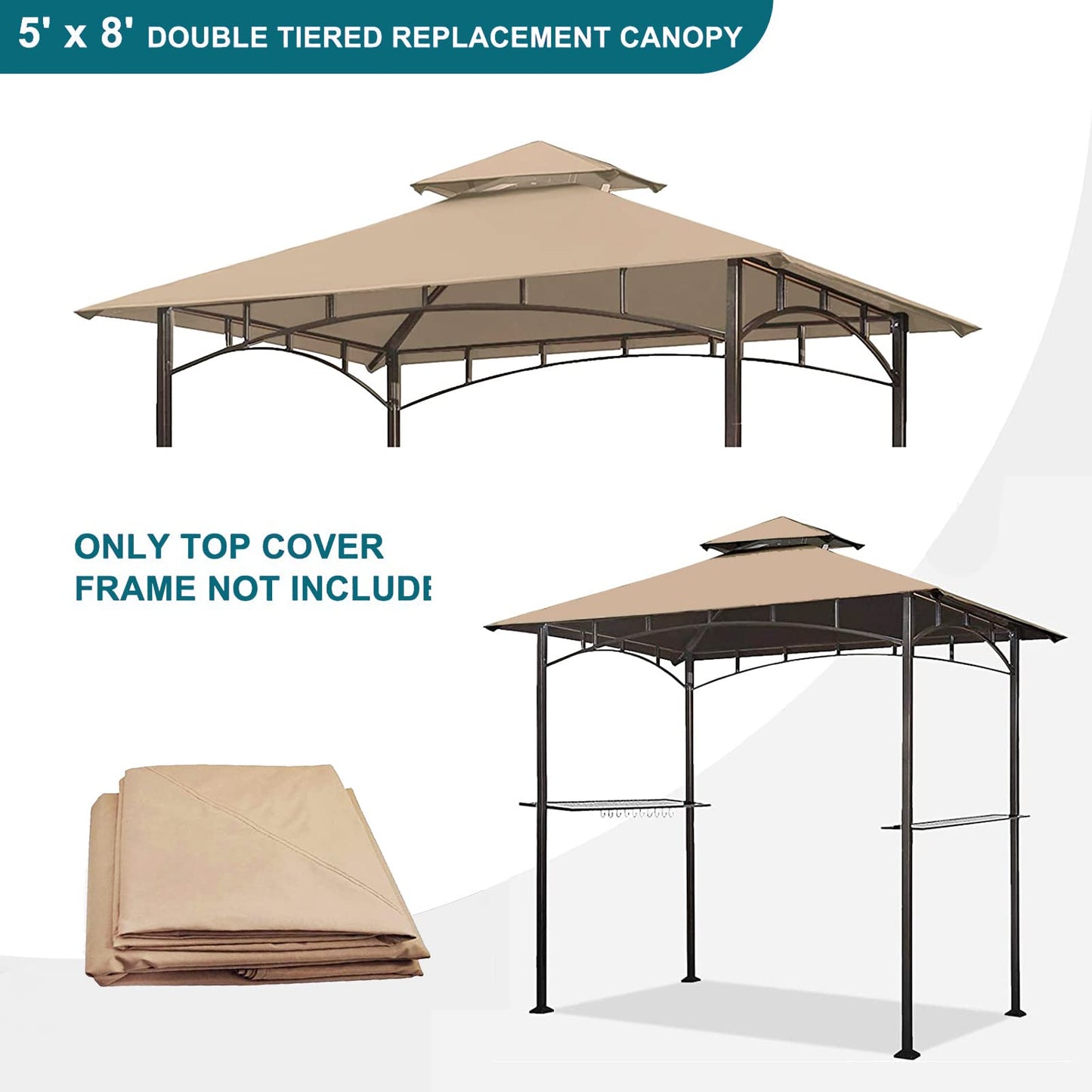 Grill Gazebo Replacement Canopy Top - Wonwon 5x8 Gazebo Roof Double Tiered Outdoor BBQ Roof Cover Grill Shelter Only Fit for Model L-GG001PST-F (Beige)