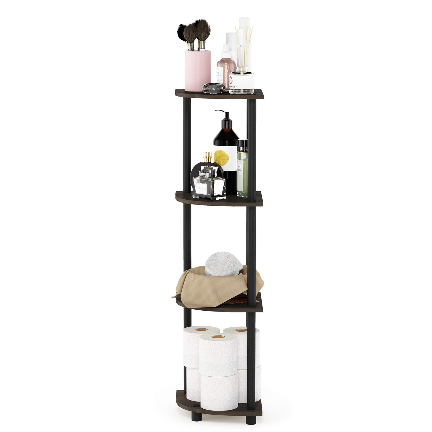 Furinno 12078DB-WG/BK Turn-N-Tube 4-Tier Corner Display Rack Multipurpose Shelving Unit, Dark Brown Grain/Black