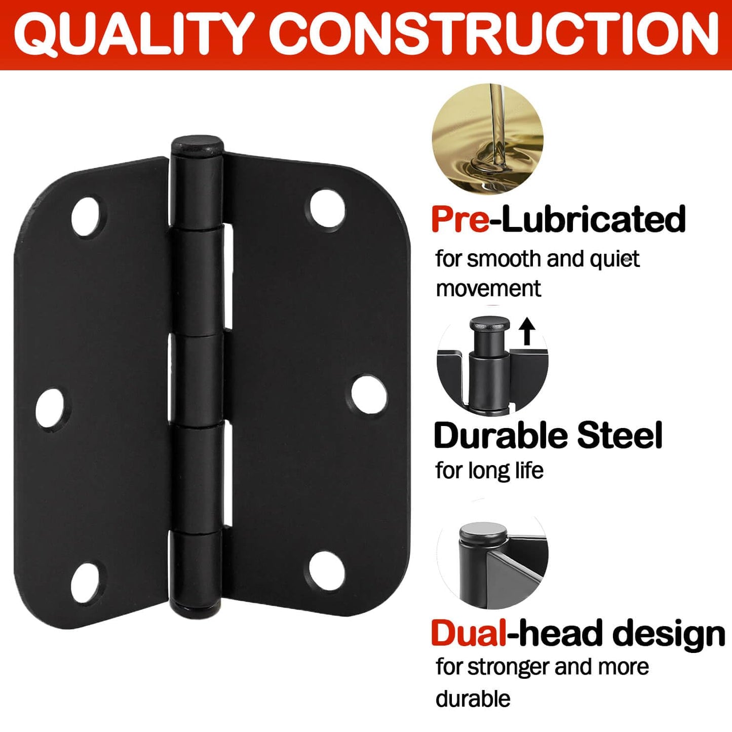 Door Hinges for 3.5 Inch Interior Matte Black Hinges for Rounded 5/8 Radius Bedroom Office Hallway Indoor/Interal Door Hardware Black Door Hinges 18 Pack
