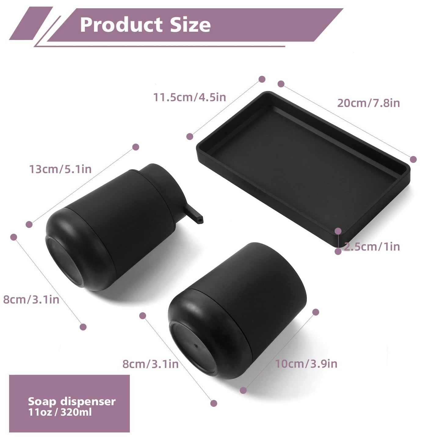 Black Bathroom Countertop Accessories Set - Soap Dispenser and Toothbrush Holder with Silicone Boot,Vanity Tray (Black Liquid)