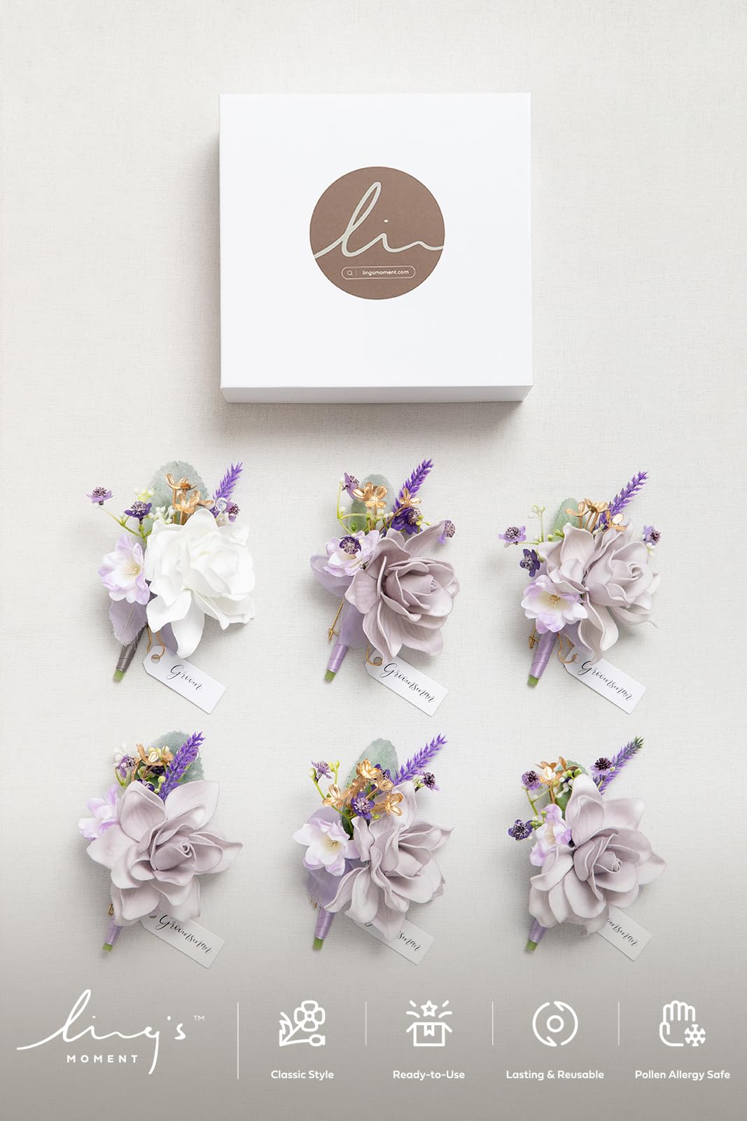 Ling's Moment Boutonniere for Men, 6pcs Groom Groomsmen Boutonniere, Artificial Flowers for Wedding Decor/Prom/Homecoming, etc.Purple Lilac Lavender