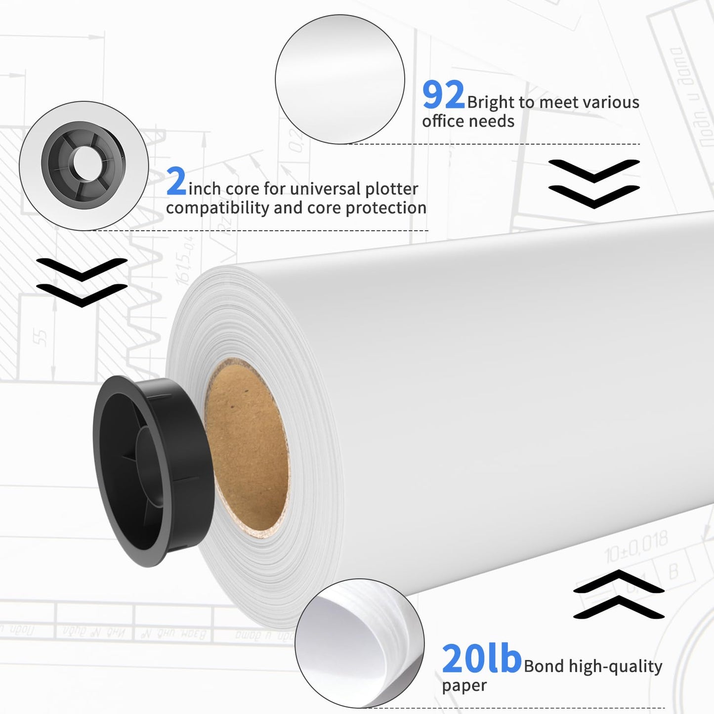 Jayard Wide Format Paper 24" x 150' CAD Paper Rolls - 2 Rolls Per Carton - Plotter Paper for CAD Printing on Wide Format Ink Jet Printers