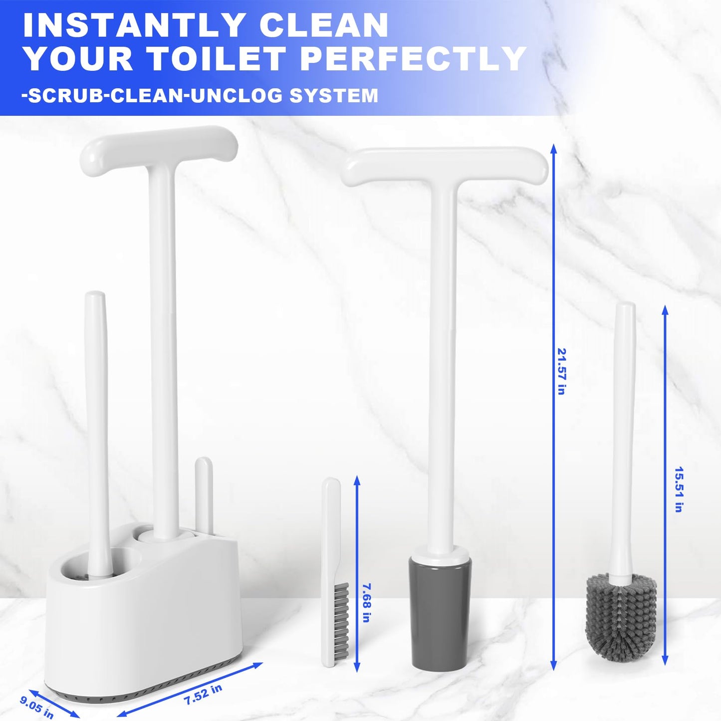 3 in 1 Toilet Brush and Plunger Set，Extended Handle Plunger,Heavy Duty Toilet Bowl Brush and Holder Hidden Toilet Plunger and Brush Set,Bathroom Cleaning Supplies (White)