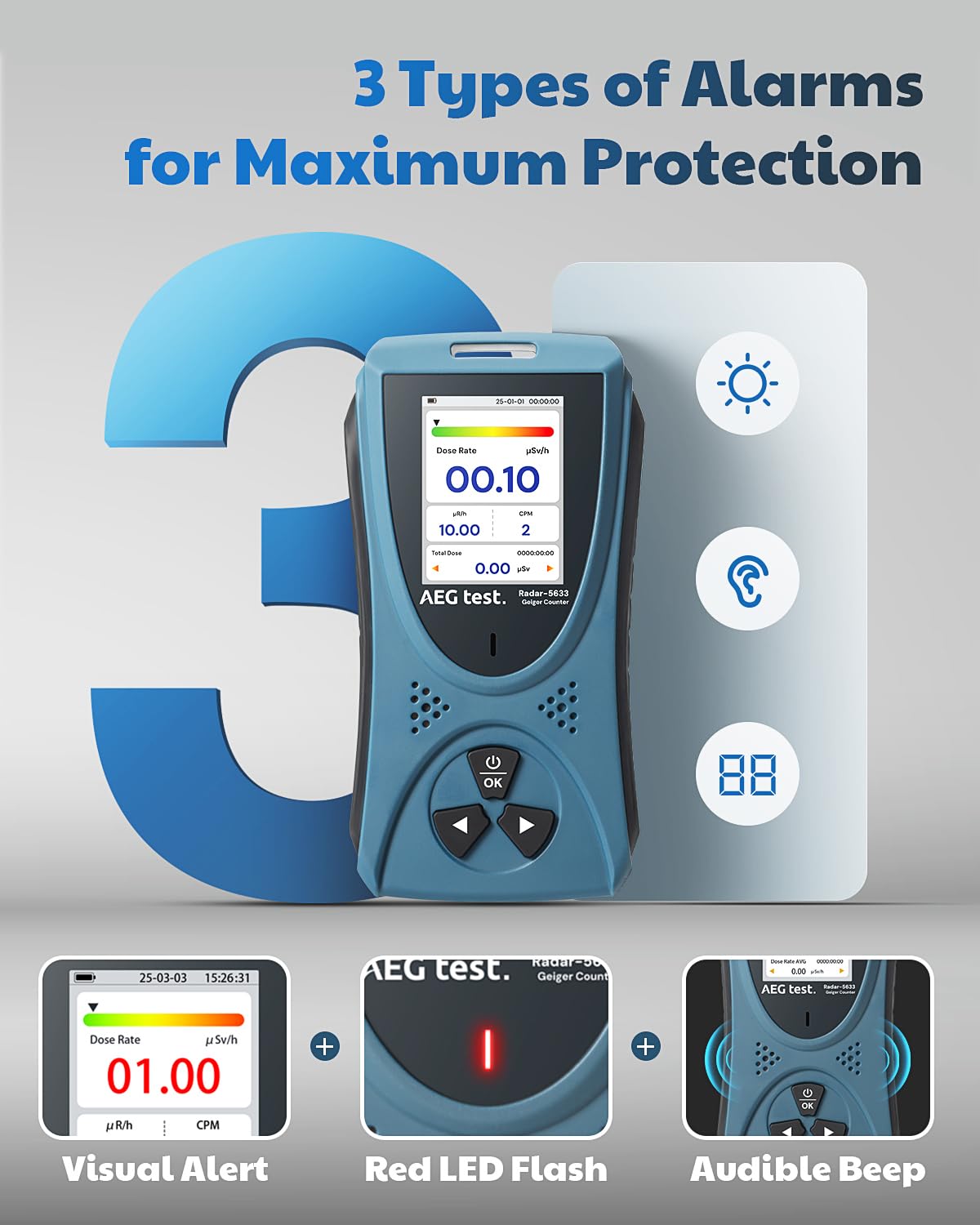Geiger Counter AEGTEST Radar-5633 Portable Nuclear Radiation Detector with LCD Screen, Rechargeable Dosimeter for Beta Gamma X-ray Detection, Measures in CPM μSv/h μR/h μSv - Blue