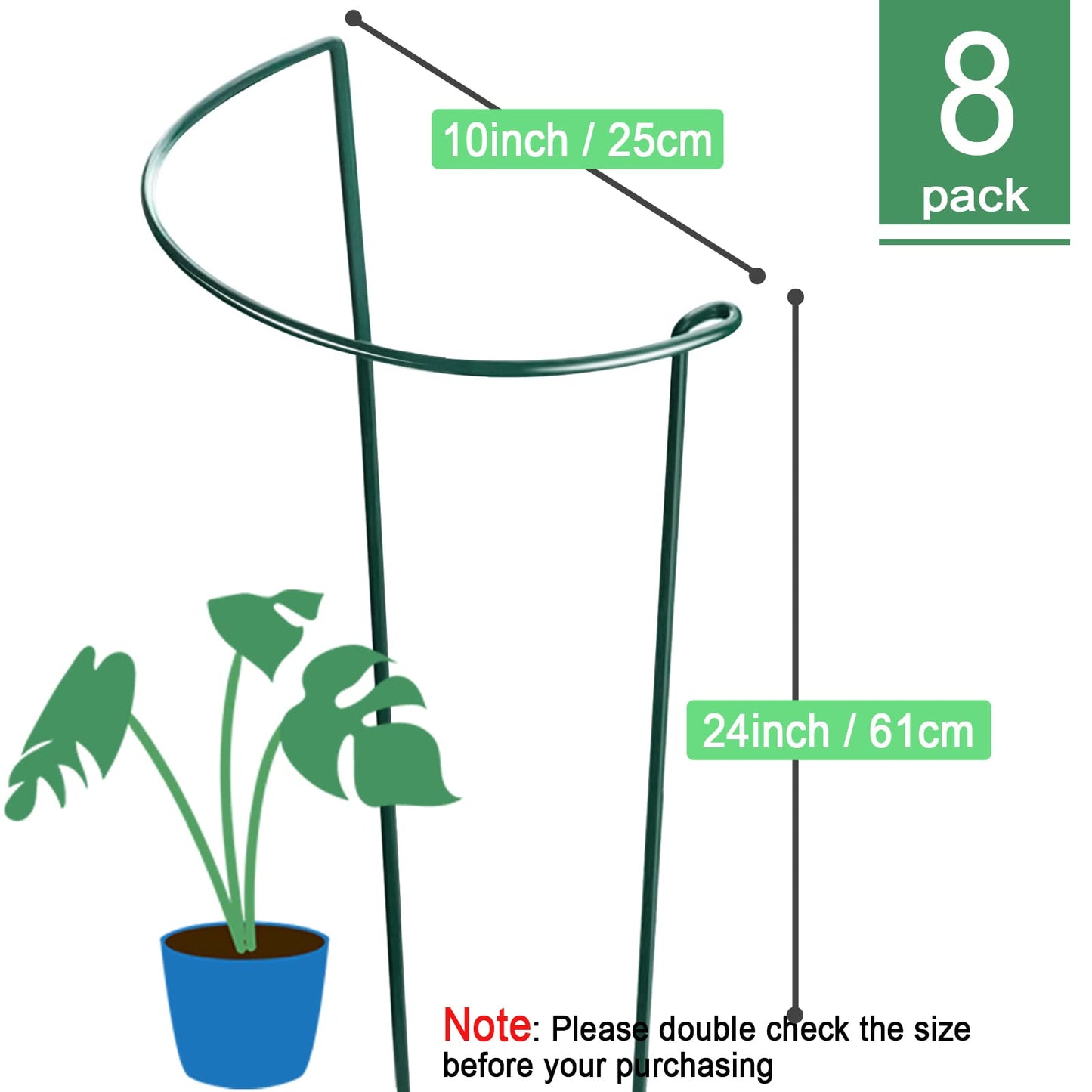 HiGift 8 Pack 24 Inch Plant Support Stakes, 10" Wide x 24" High Half Round Metal Garden Plant Stake Peony Support Cage, Green Plant Support Ring Border for Tomato,Hydrangea,Flower Indoor Outdoor