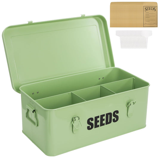 Mezchi Seed Storage Organizer Box with 4 Compartments, Large Metal Seed Packet Container with Lid & Safety Locks, Garden Seed Bin for Saving Seeds with 50 Plant Labels, 20 Envelopes