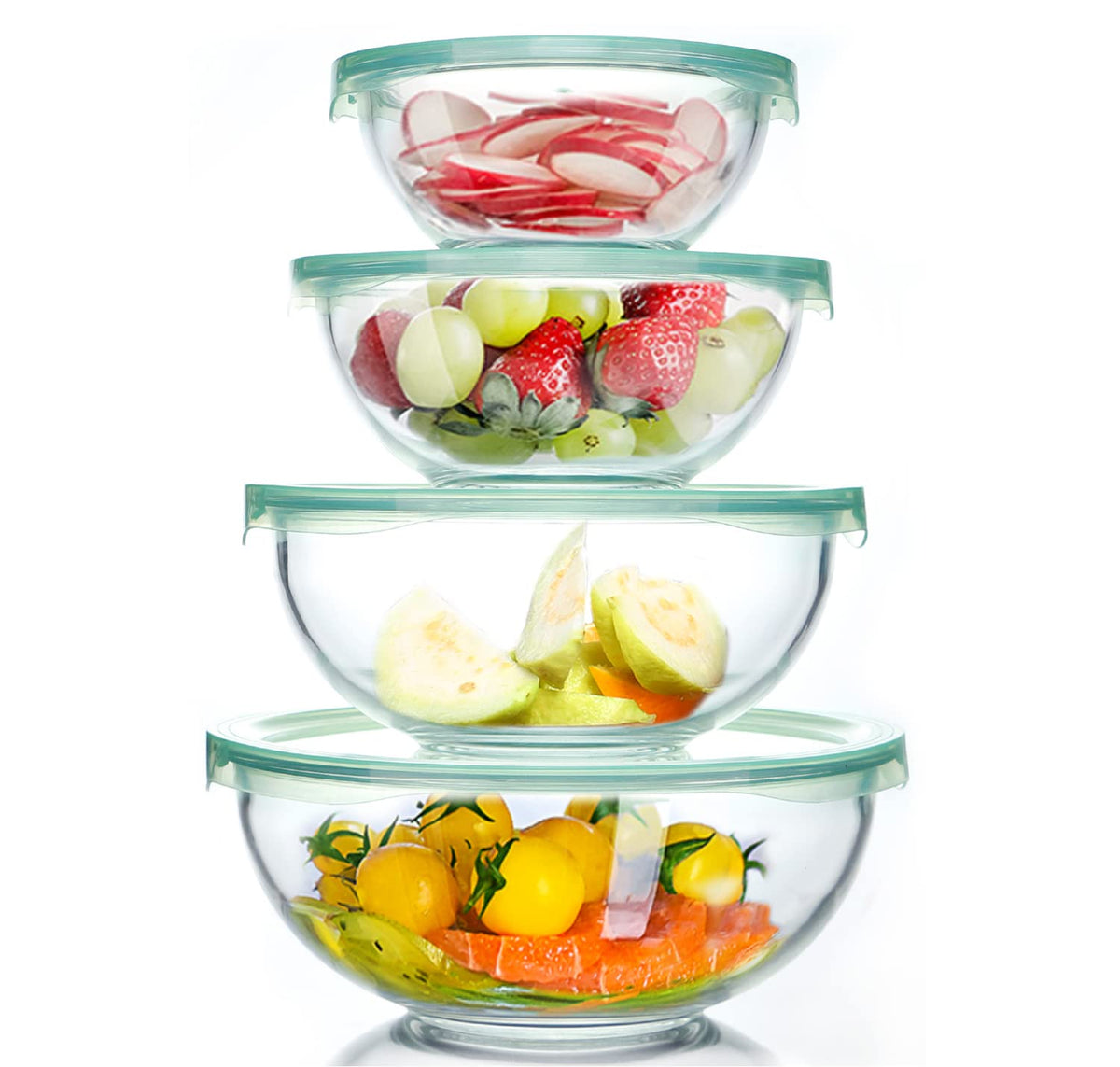 Luvan High Borosilicate Glass Mixing Salad Bowls with Lids Set of 4, 3.7QT,2.5QT,1.5QT,1QT Large Kitchen Nesting Bowls, Great for Food Storage, Cooking, Baking,Prepping-4PCS