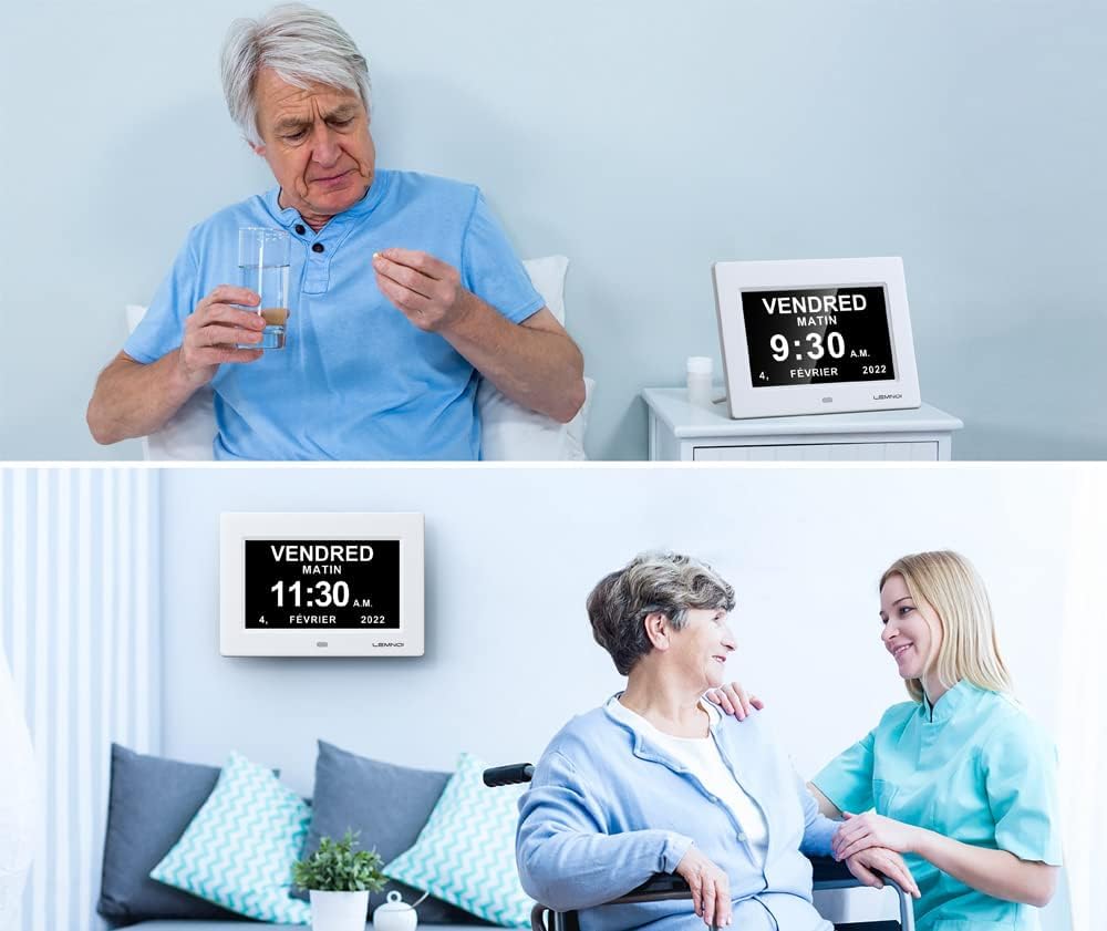 Lemnoi 7'' LCD Digital Day Clock Calendar with Date/Day/Time, 8 Languages Auto-Dimming Digital Clock with 12 Programmable Alarms, Reminders Clock for Alzheimer Elderly & Child (White)