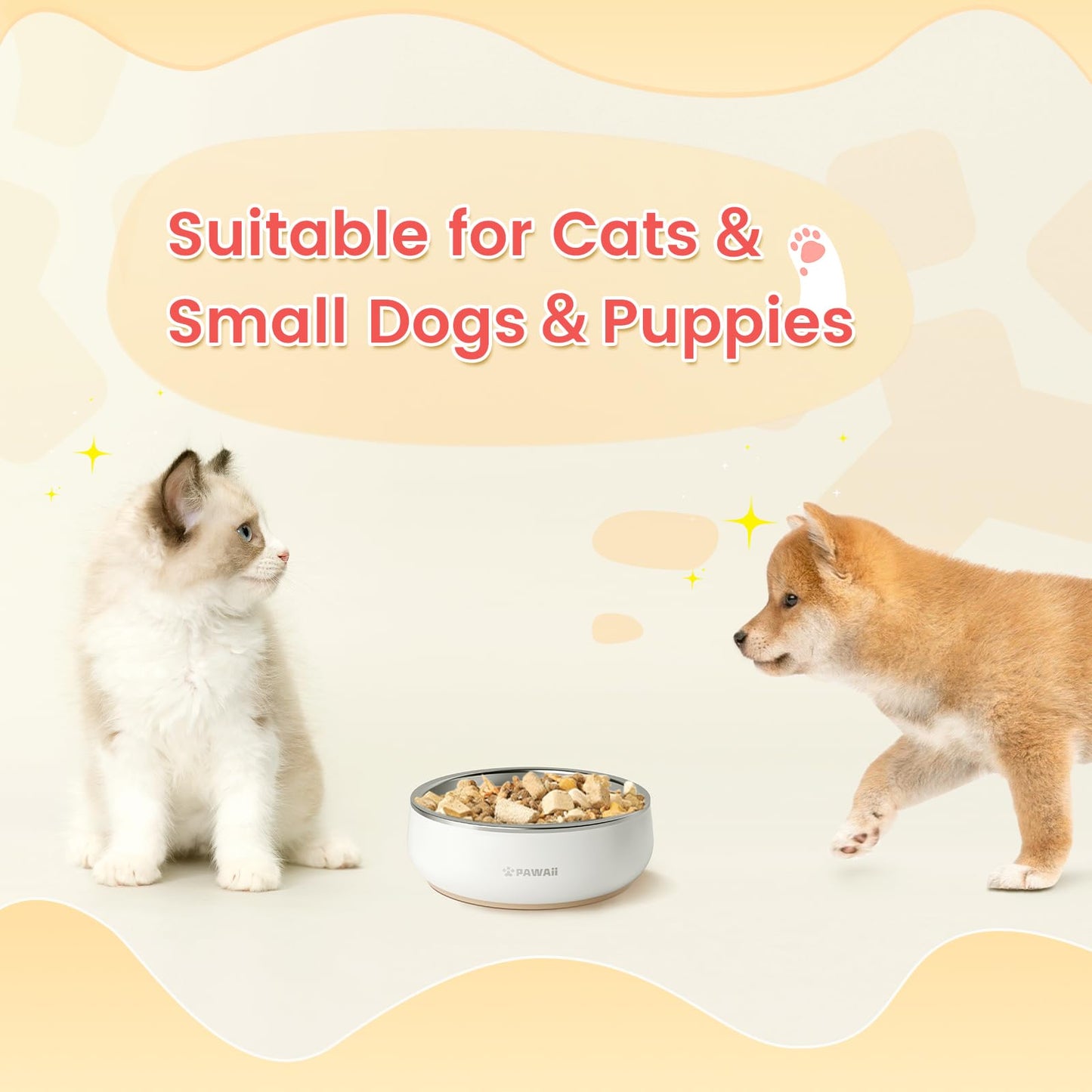 Pawaii Small Dog Bowls, 12 oz. Food Water Bowl Designed for Puppies and Cats with Non-Slip Rubber Base, Upgraded Metal Insulated, Double Stainless Steel Bowls