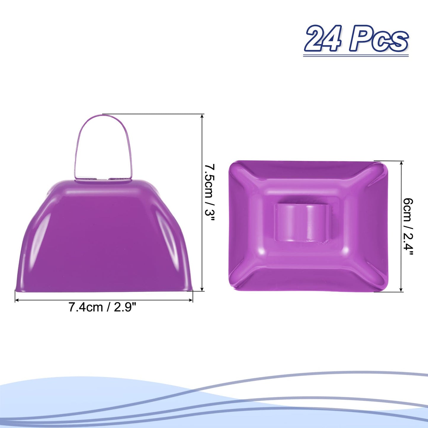 PATIKIL 24pcs Cow Bells for Football Games,3in Cowbells for Sporting Events Bulk Loud Noise Makers Metal Cow Bell with Handle for Cheering Competition Marathon Wedding, Blue Purple